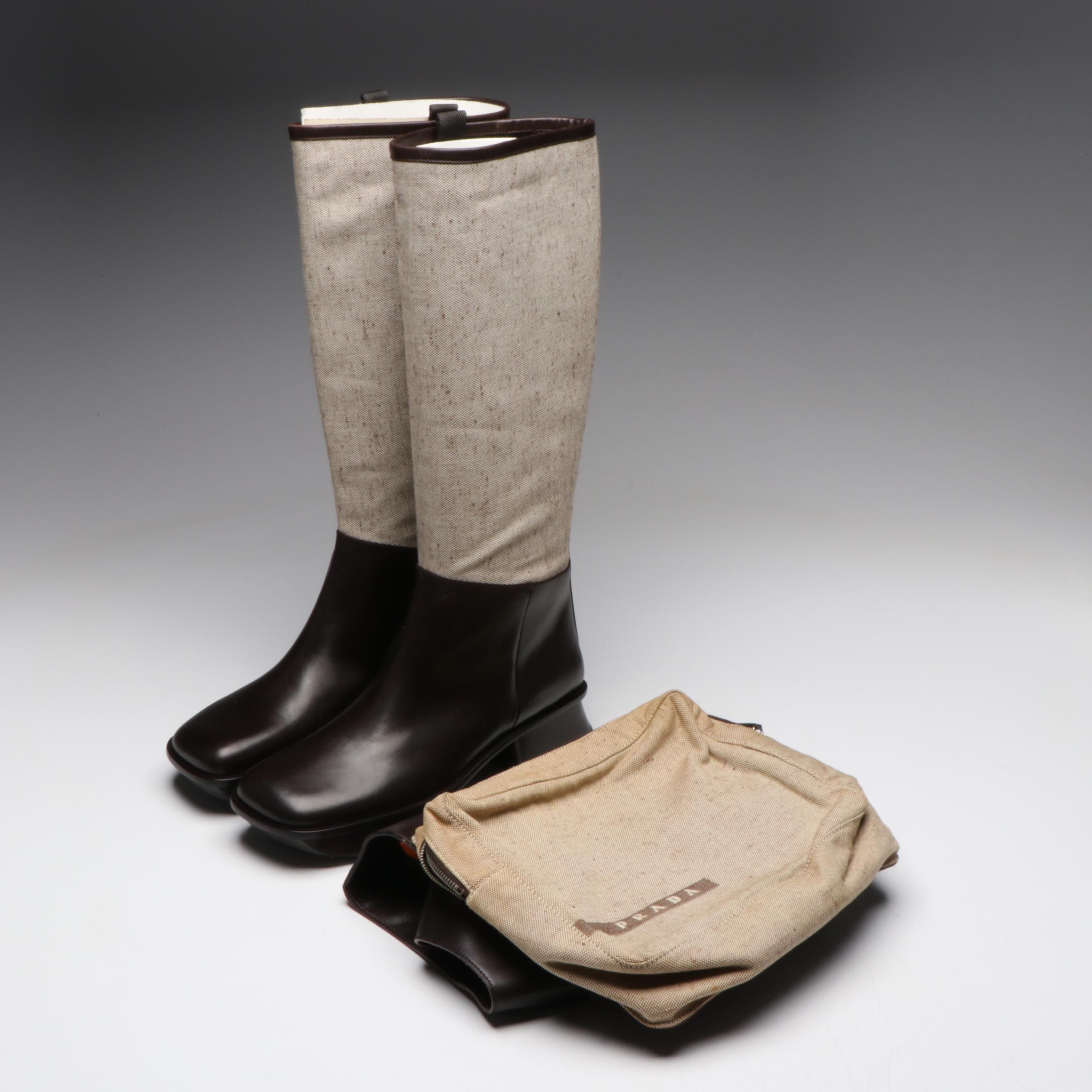 Prada Knee High Platform Heeled Boots and Chest Rig/Backpack in Jacquard/Leather