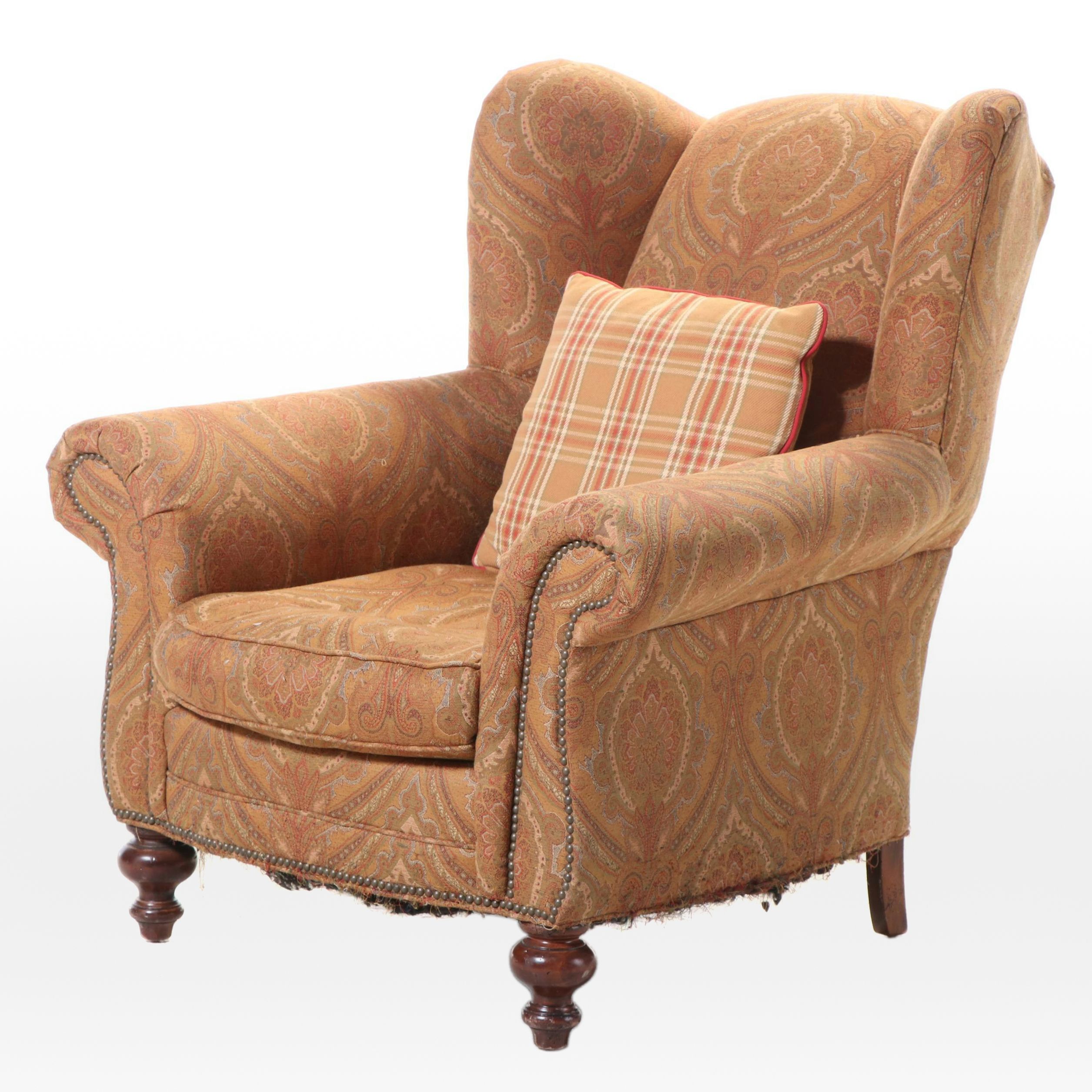 Contemporary Upholstered Hardwood Wingback Armchair with Nailheads