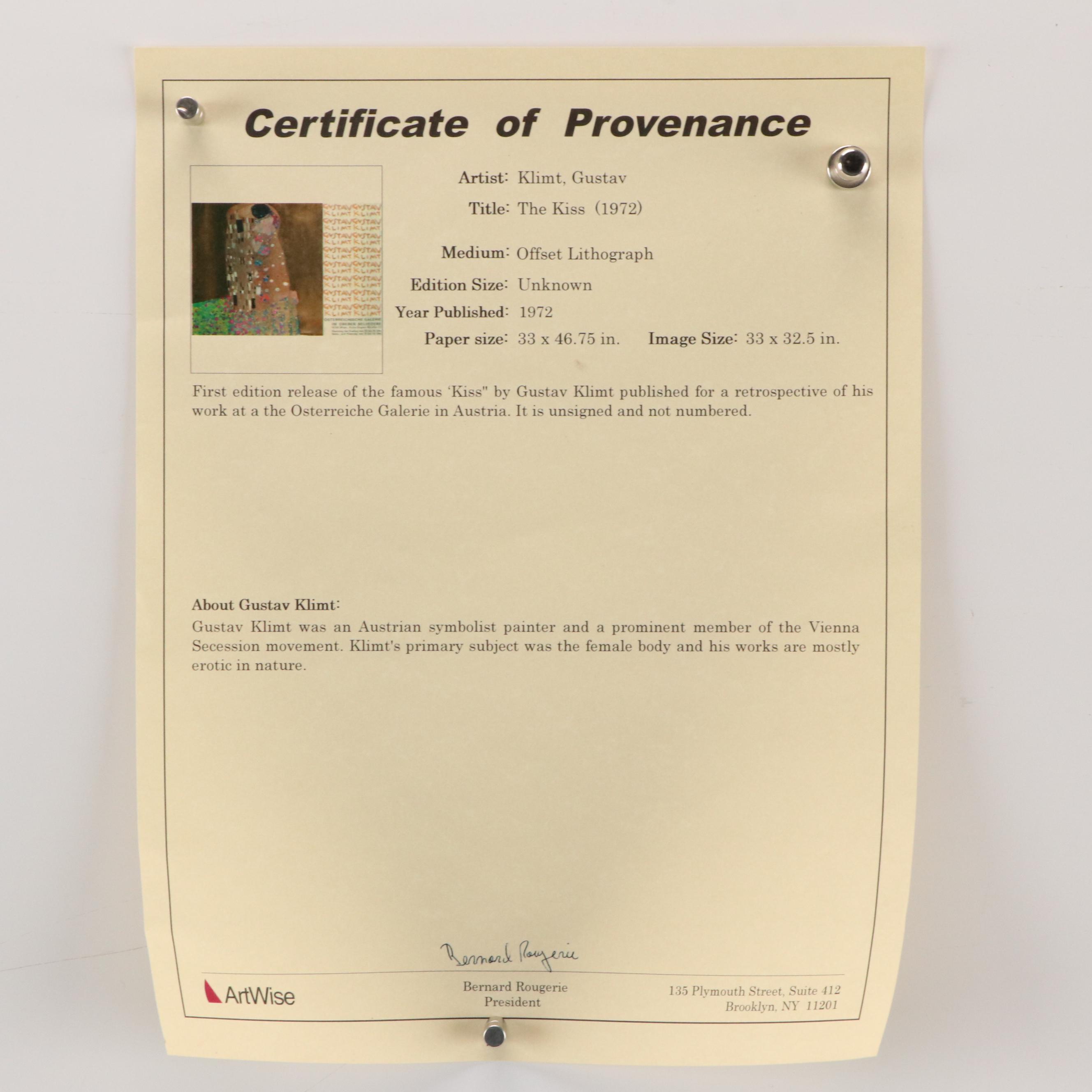 Offset Lithograph Poster After Gustav Klimt "The Kiss"