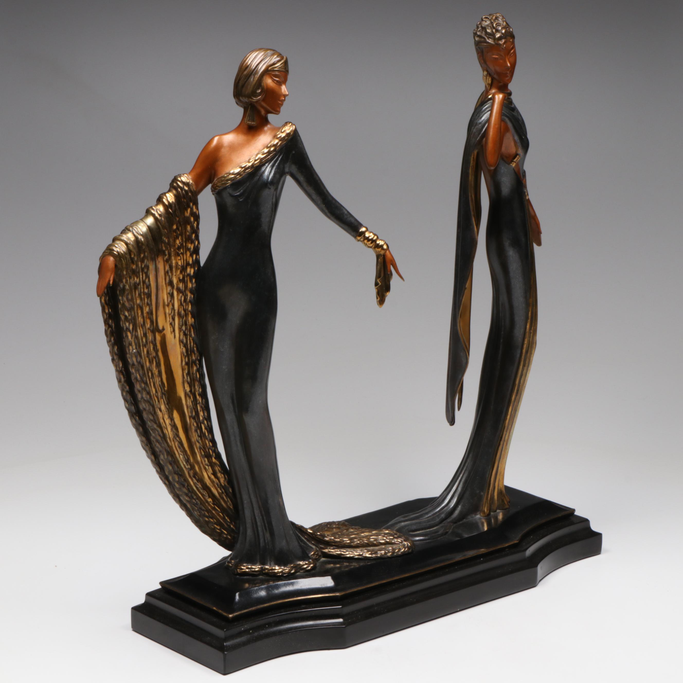 Erté Patinated Bronze Sculpture "Duetto" with Book