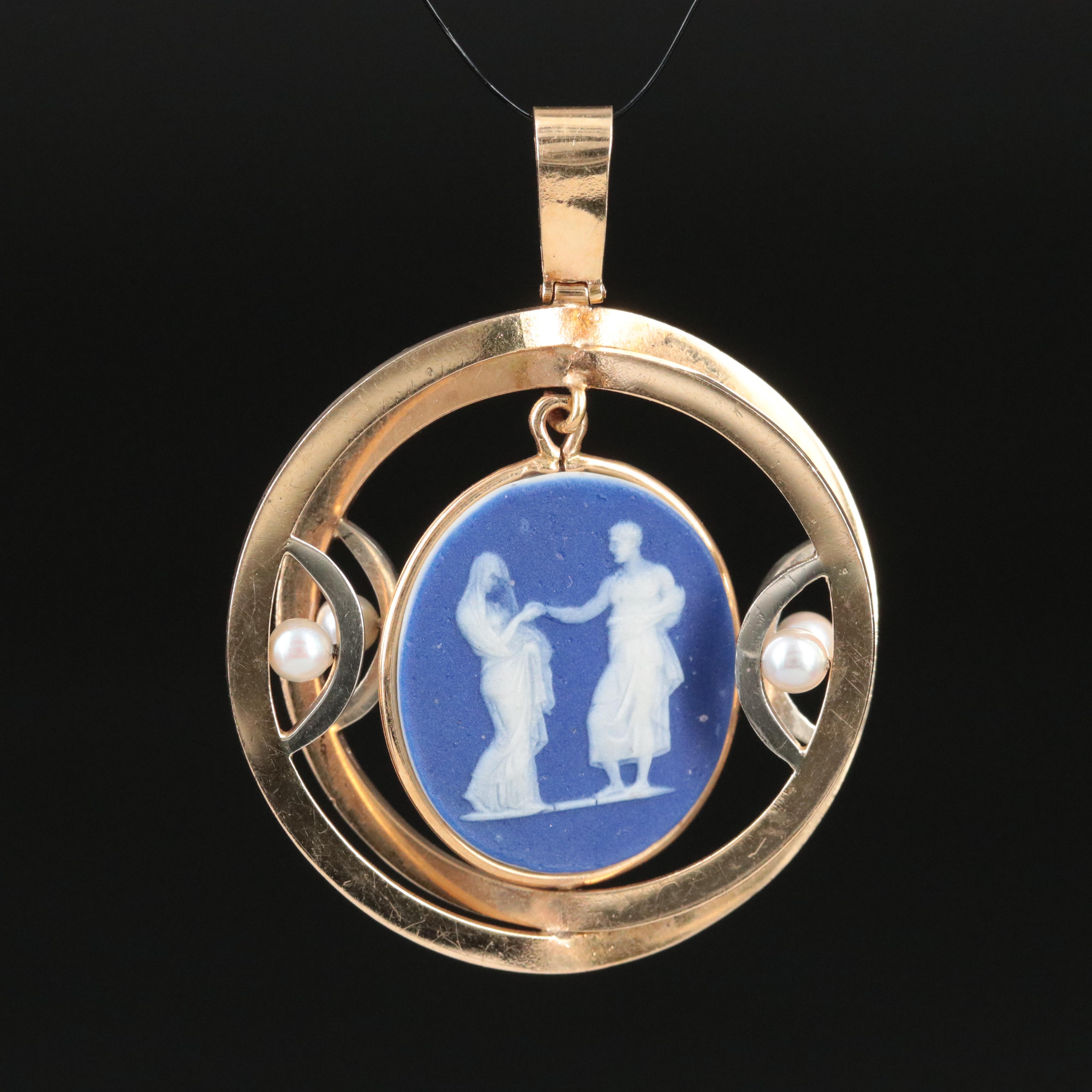 Vintage 14K Jasperware and Pearl Reversible Pendant