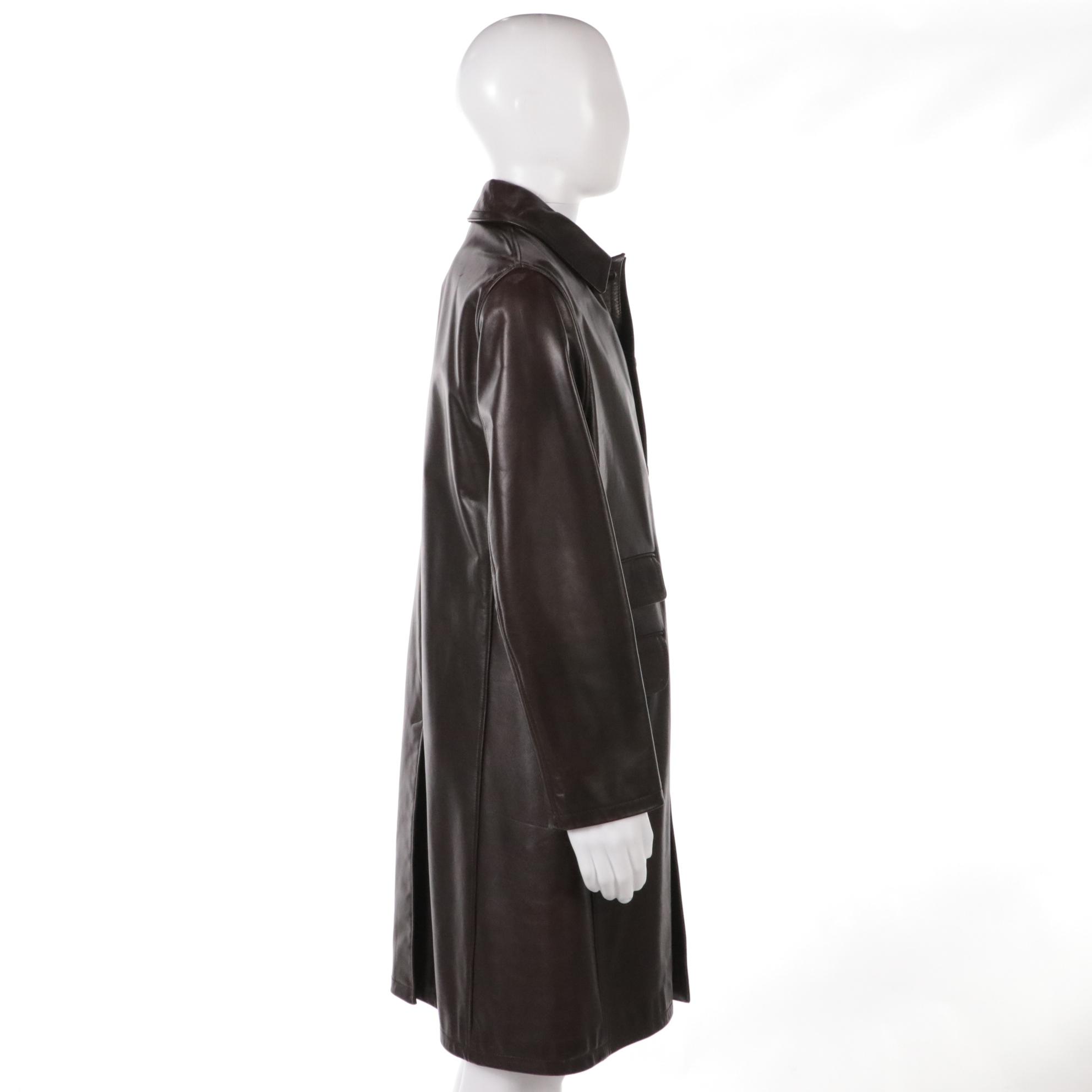 Men's Prada Brown Leather Button-Front Overcoat