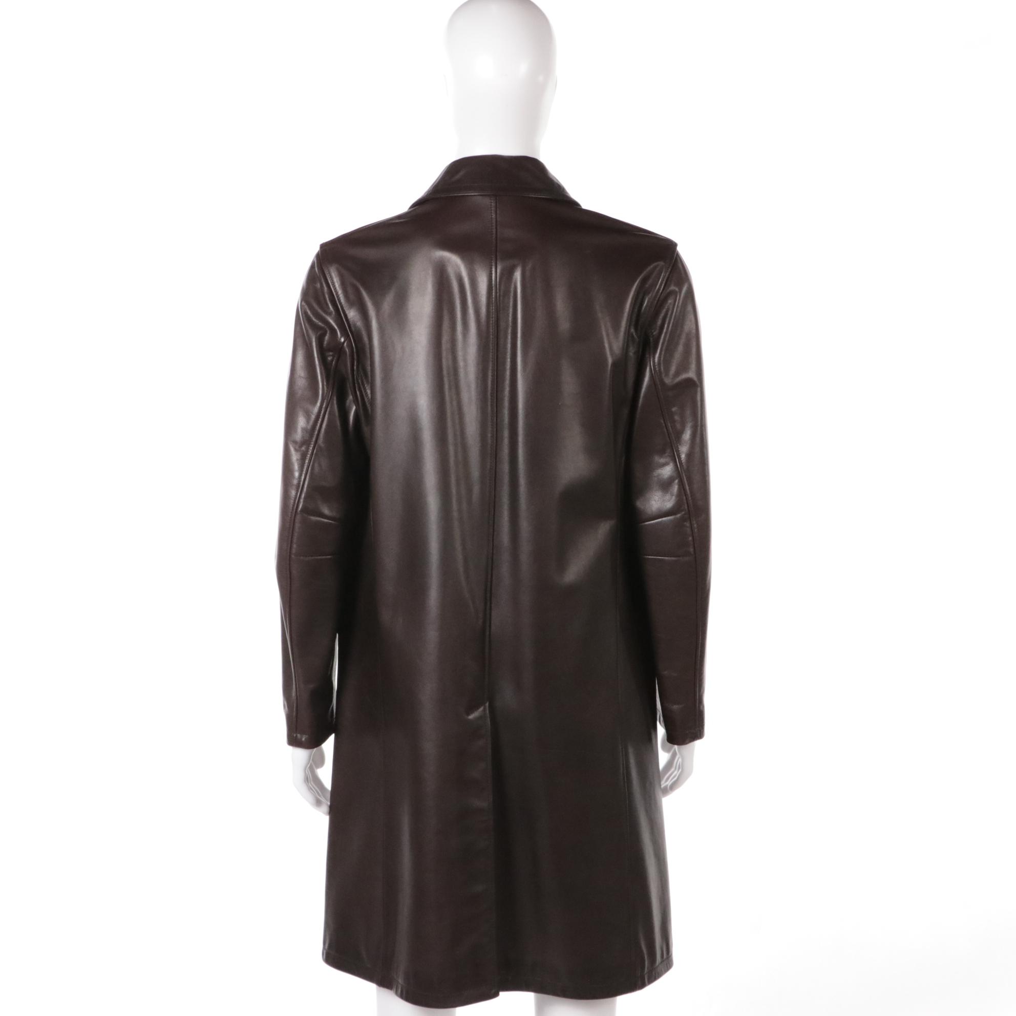 Men's Prada Brown Leather Button-Front Overcoat