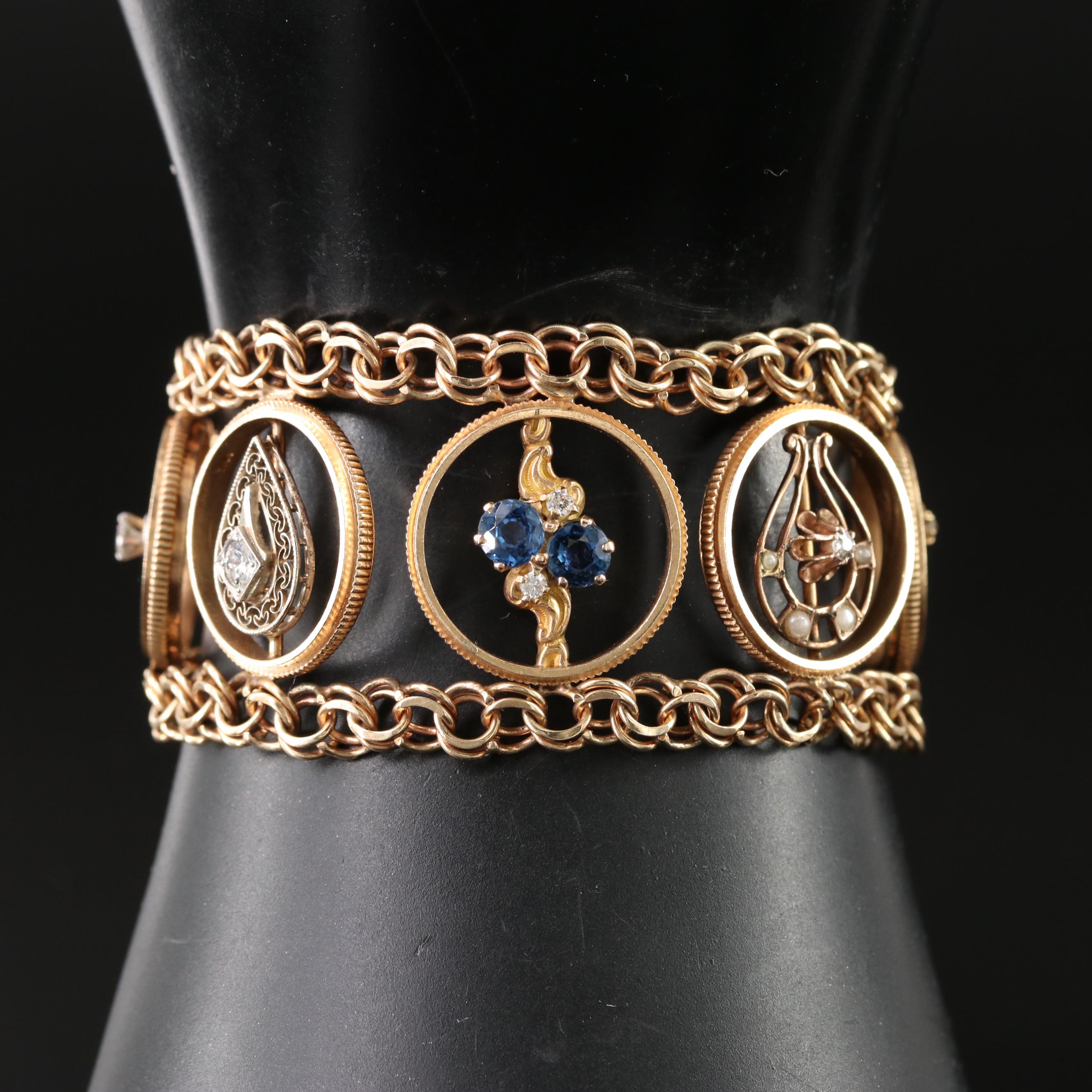 14K Gemstone Bracelet with Antique Converted Stickpins in Coin Edge Stations