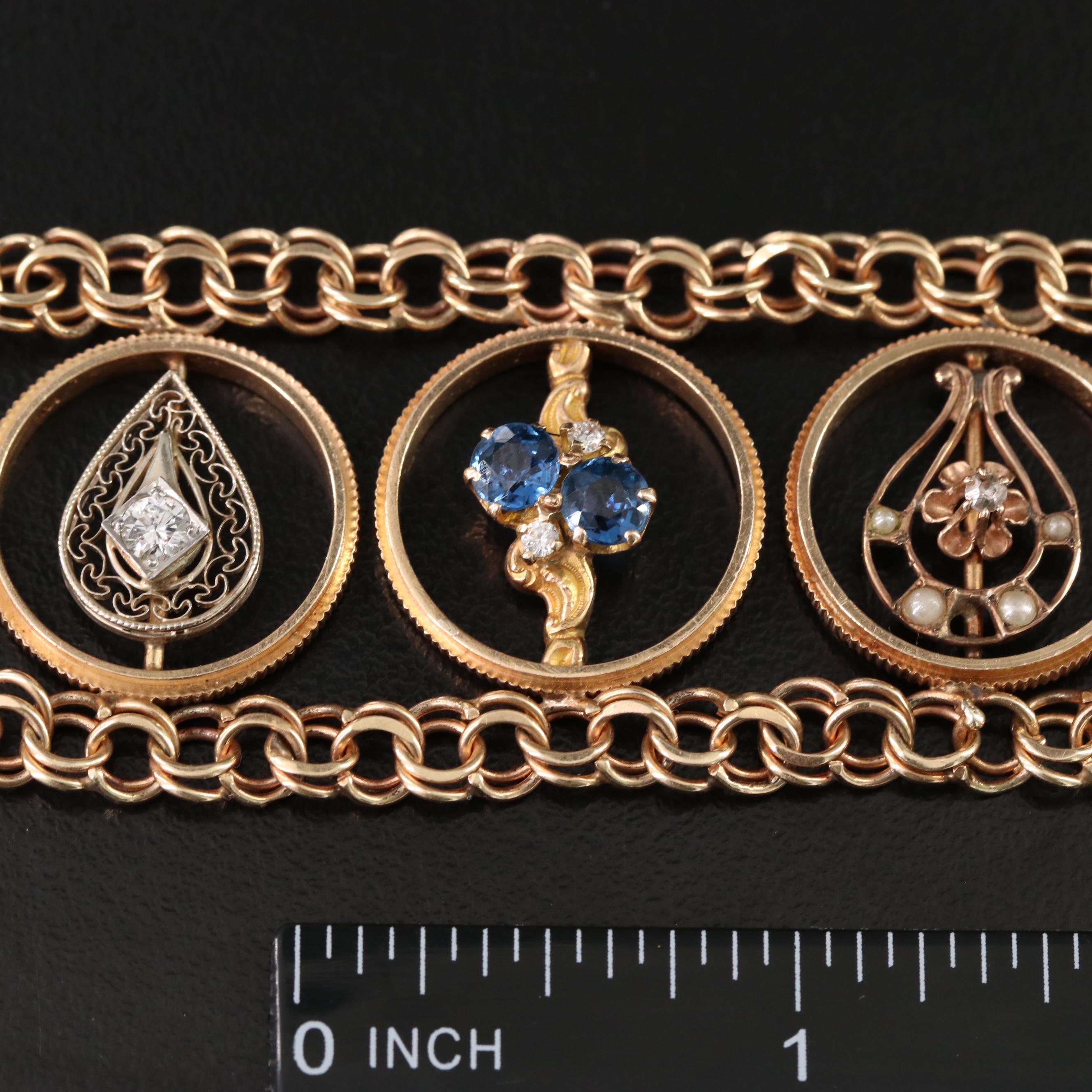 14K Gemstone Bracelet with Antique Converted Stickpins in Coin Edge Stations