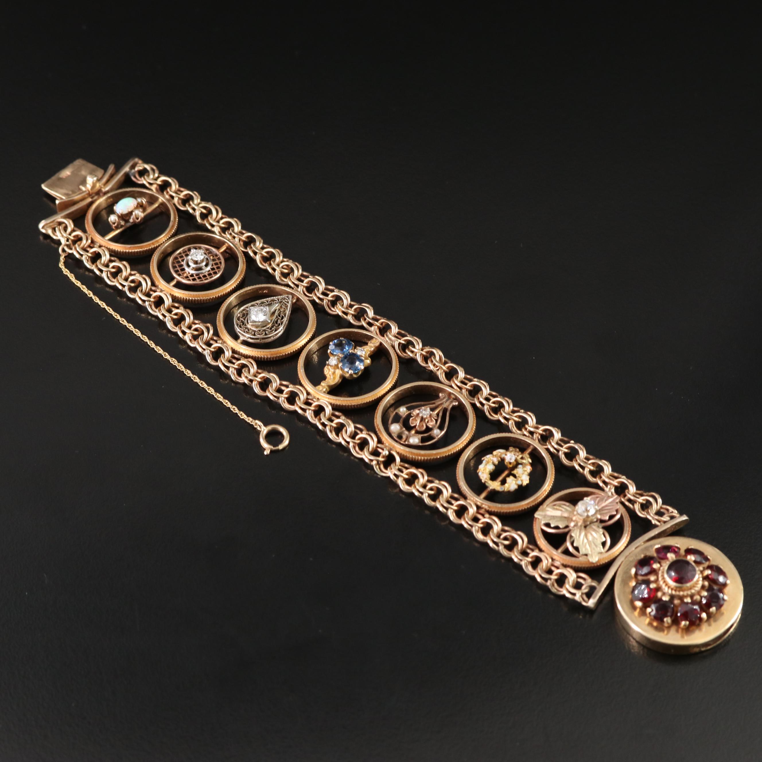 14K Gemstone Bracelet with Antique Converted Stickpins in Coin Edge Stations