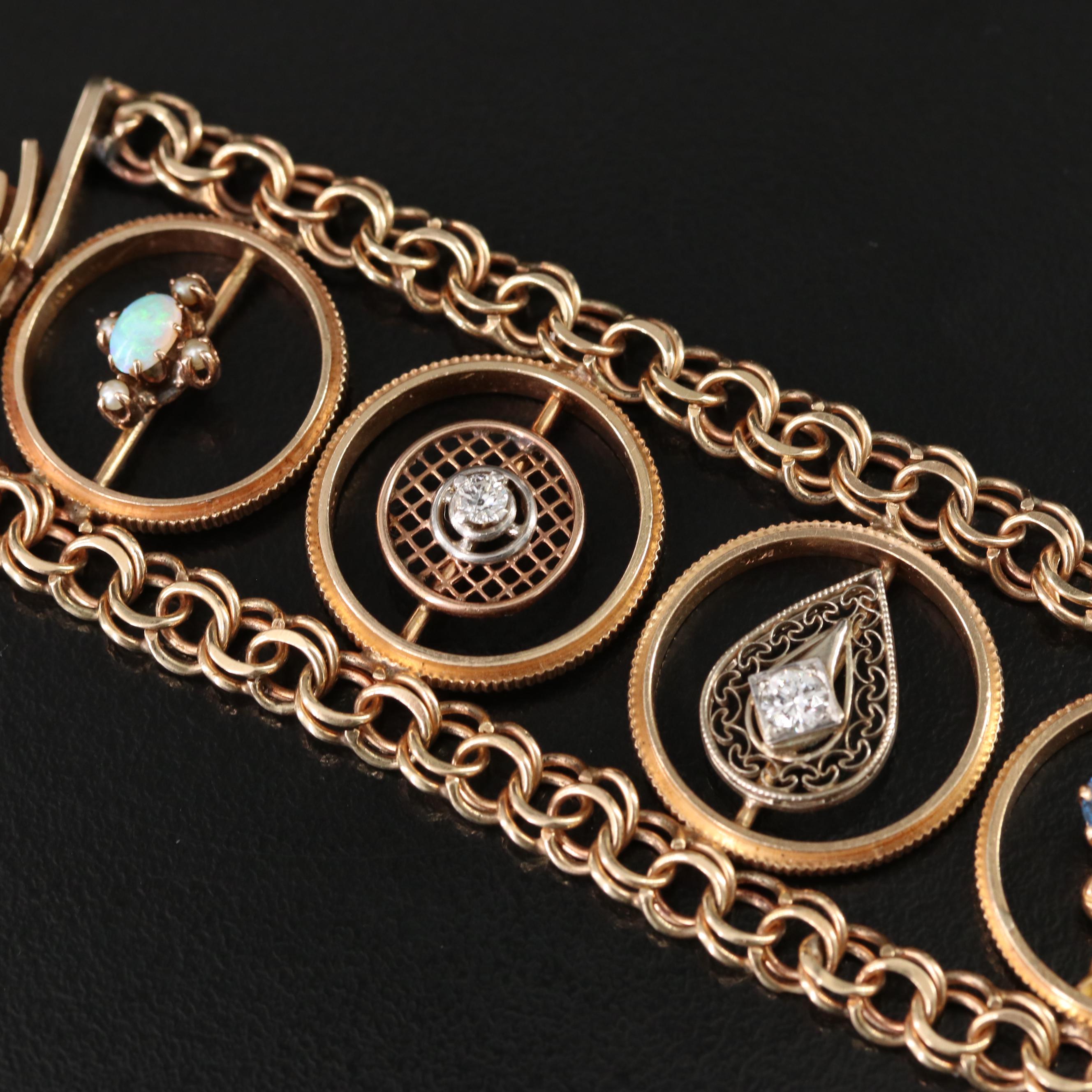 14K Gemstone Bracelet with Antique Converted Stickpins in Coin Edge Stations