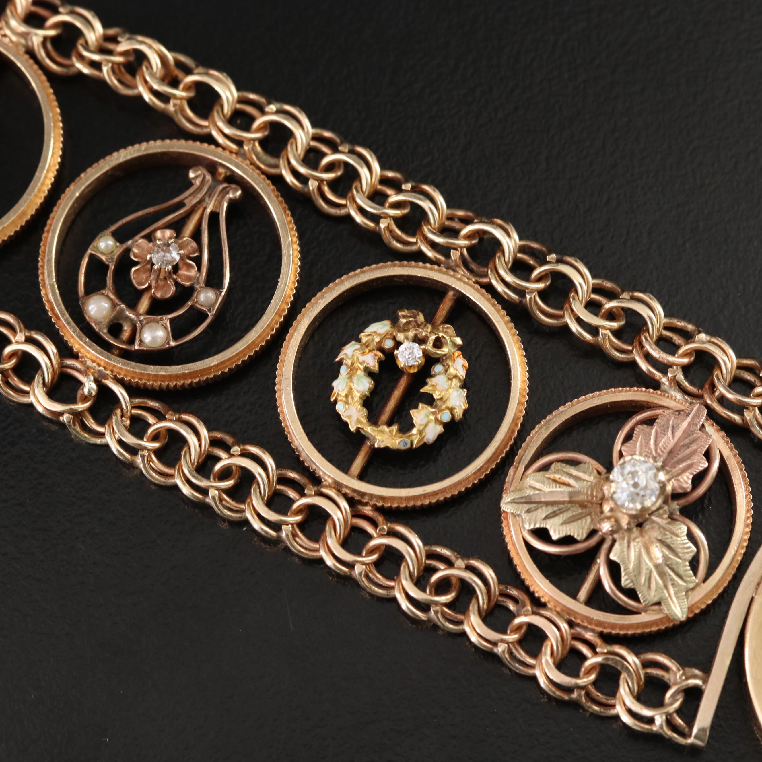 14K Gemstone Bracelet with Antique Converted Stickpins in Coin Edge Stations