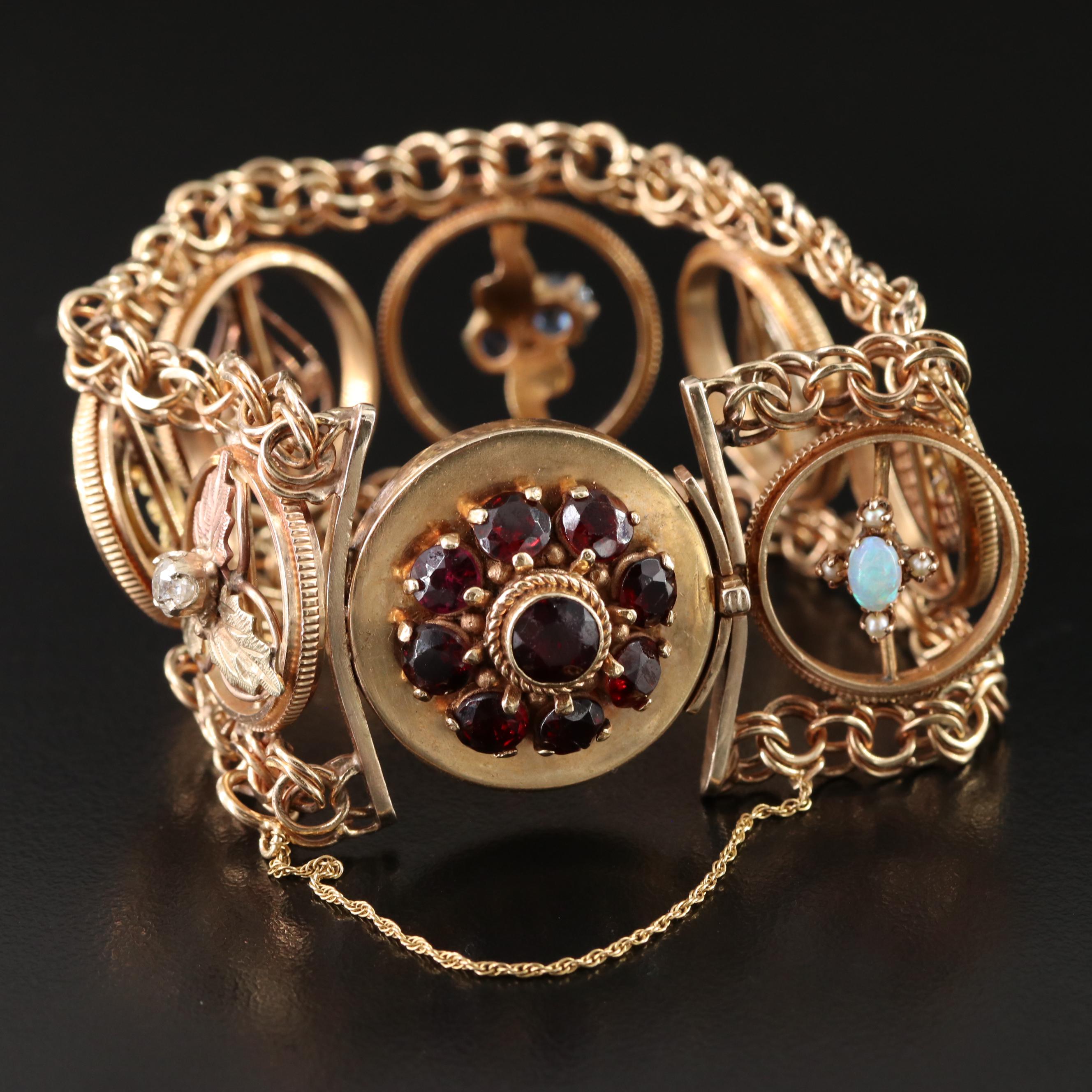 14K Gemstone Bracelet with Antique Converted Stickpins in Coin Edge Stations