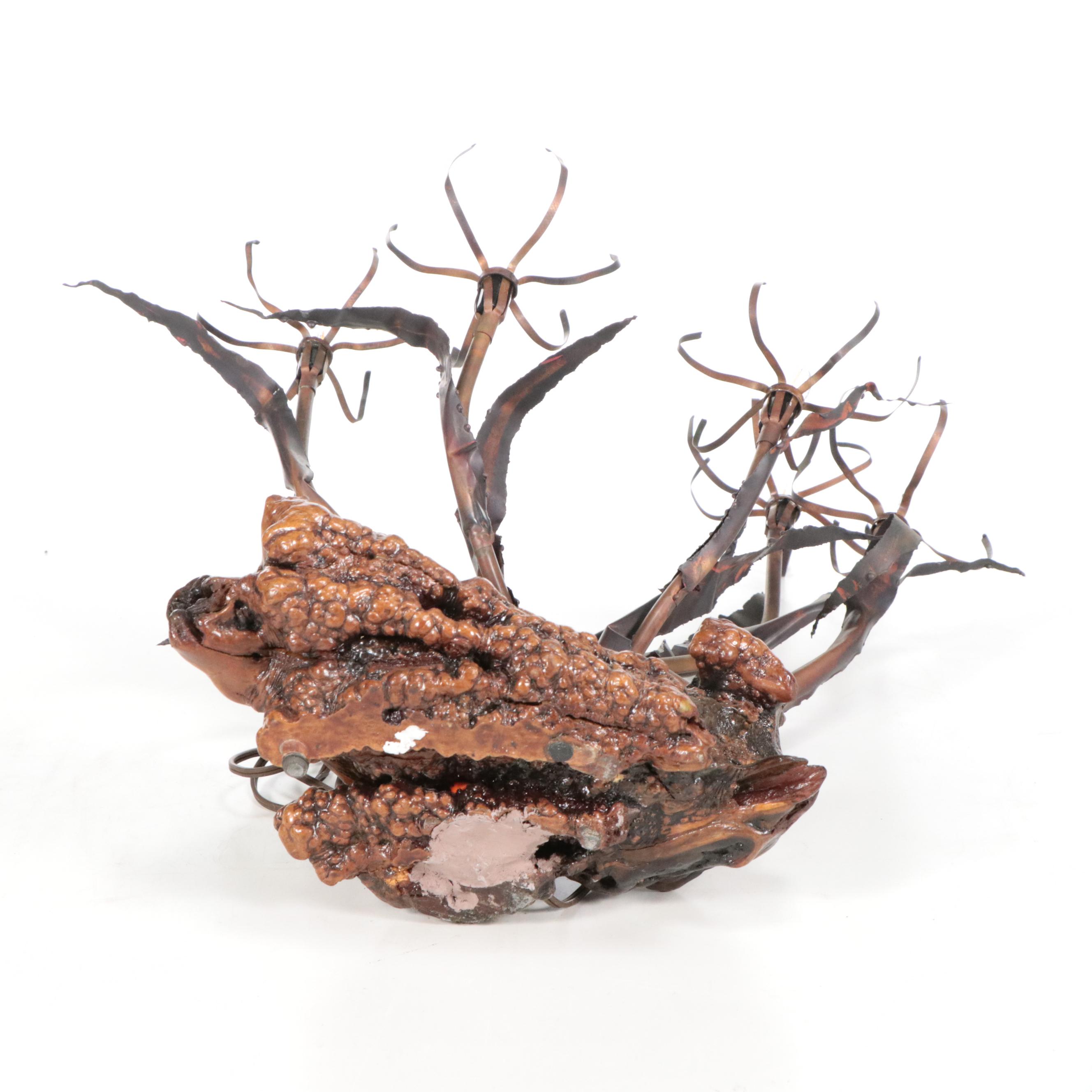 Bronzed Metal and Composite Lily Leaf & Burl Base with Sea Urchins and Tun Shell