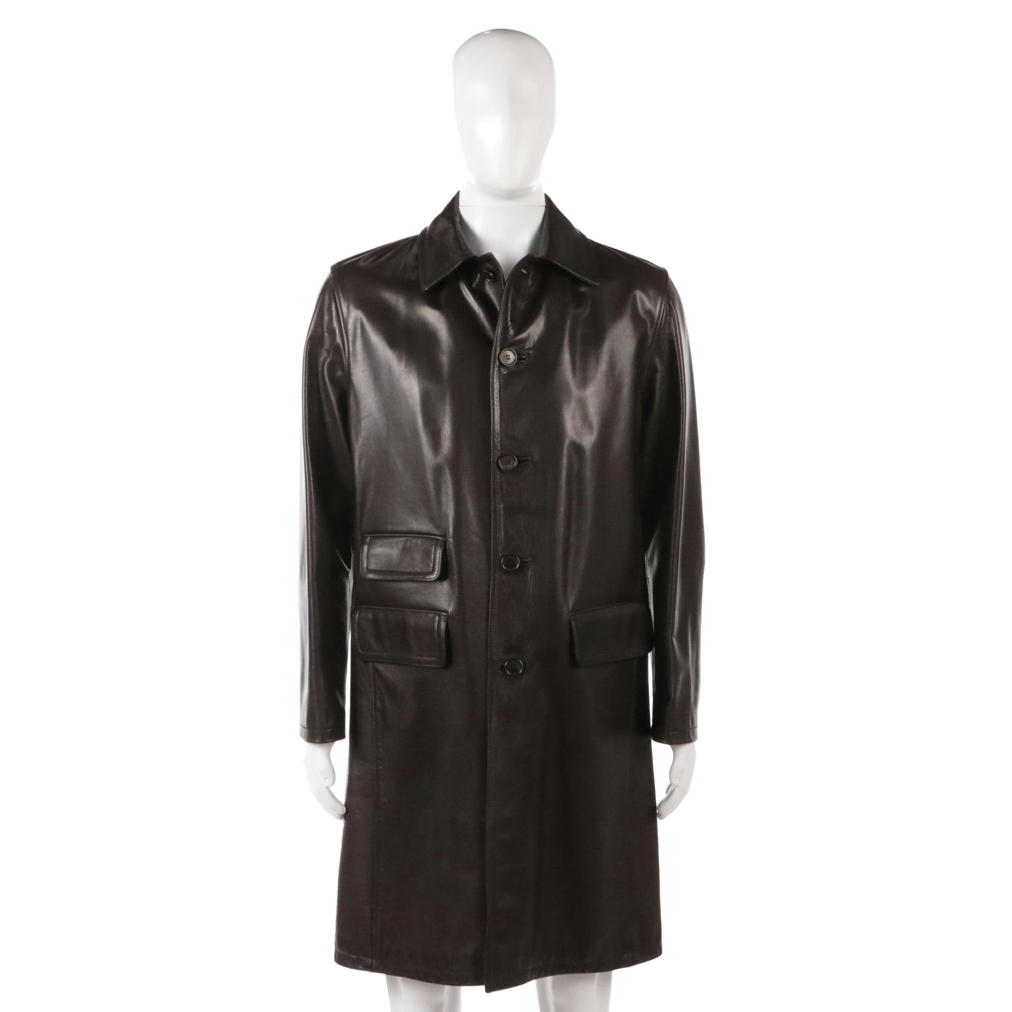Men's Prada Brown Leather Button-Front Overcoat