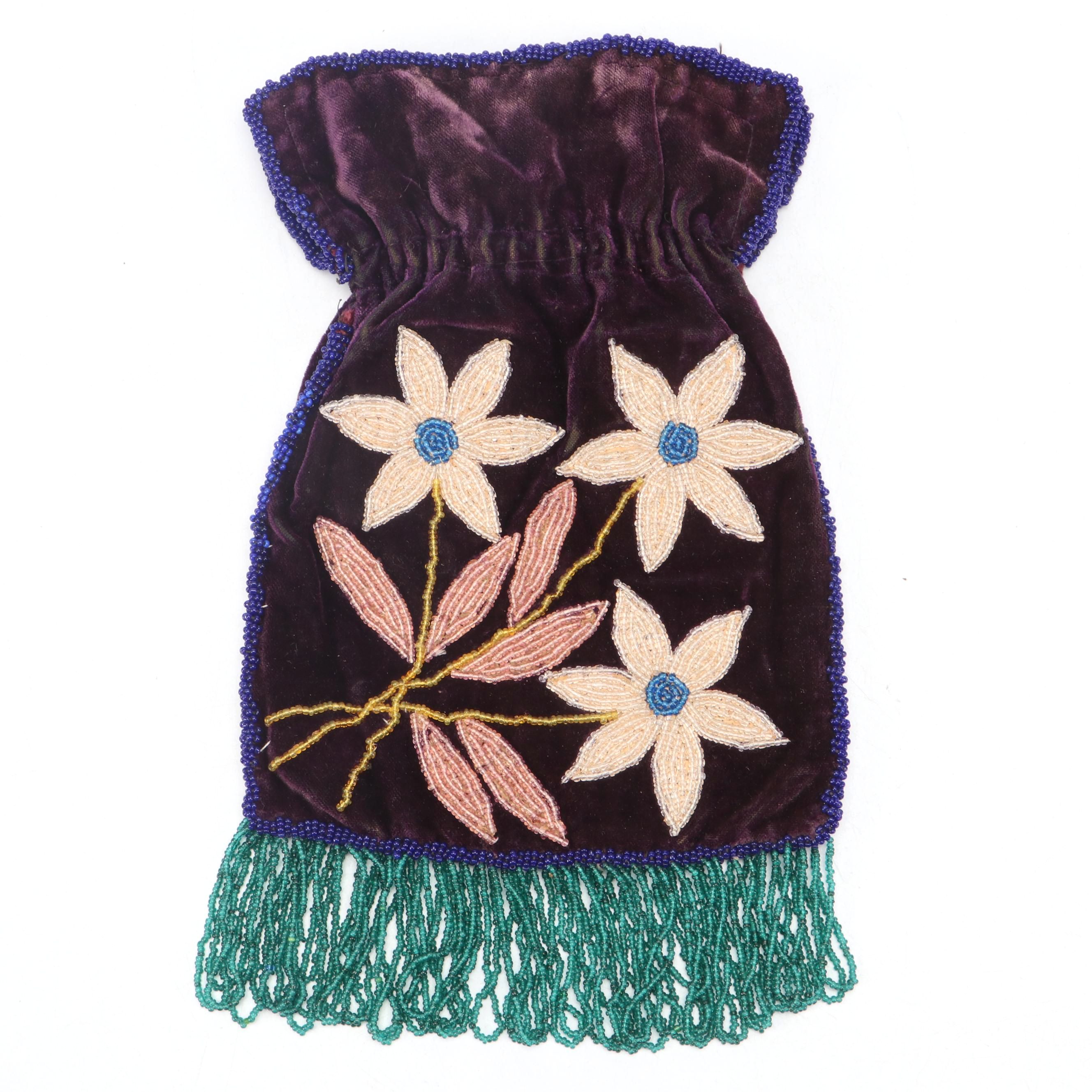 Hand-Beaded Velvet Drawstring Purse in Floral Motif, Early 20th Century