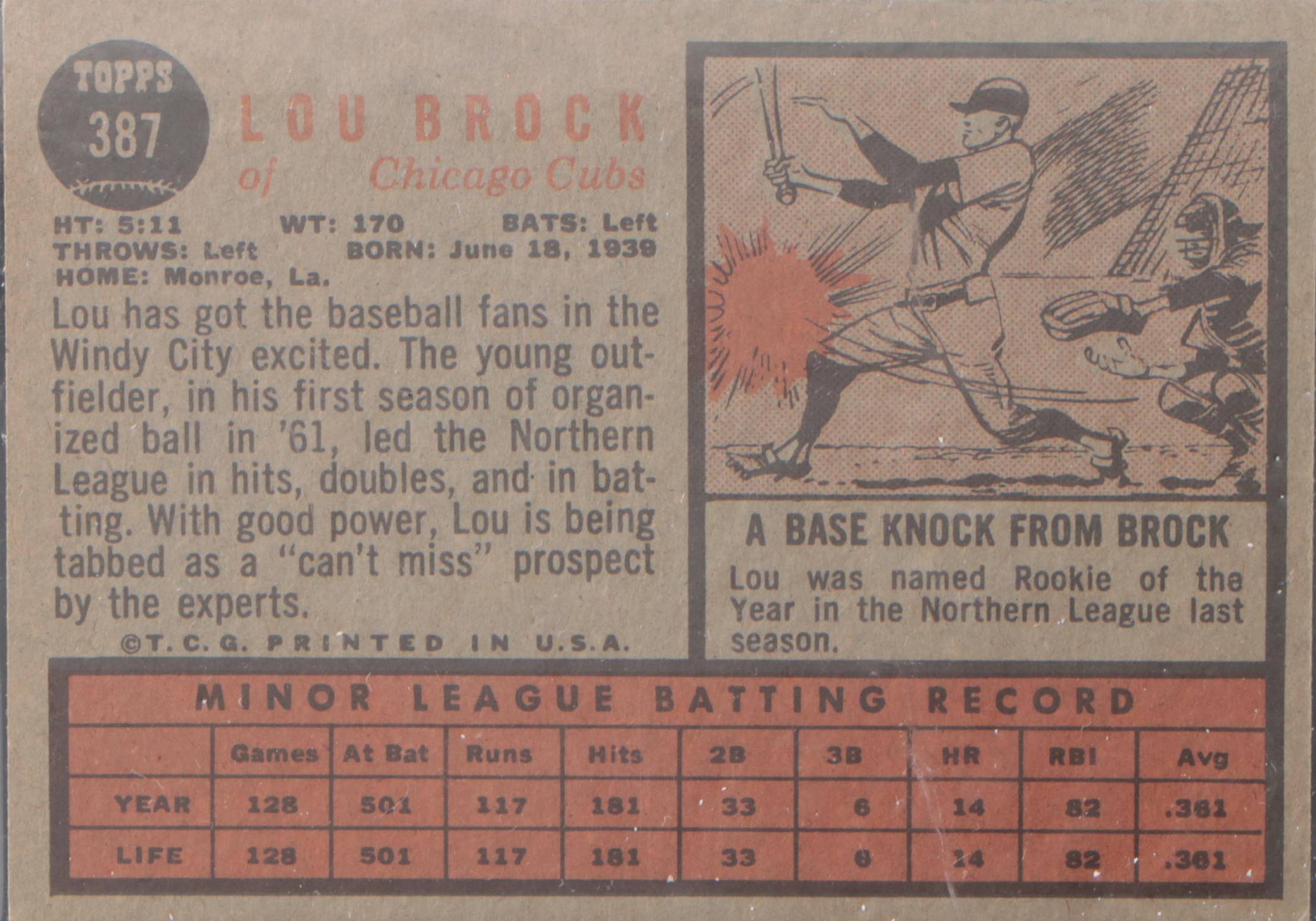 1962 Topps Lou Brock Chicago Cubs Rookie Card #387