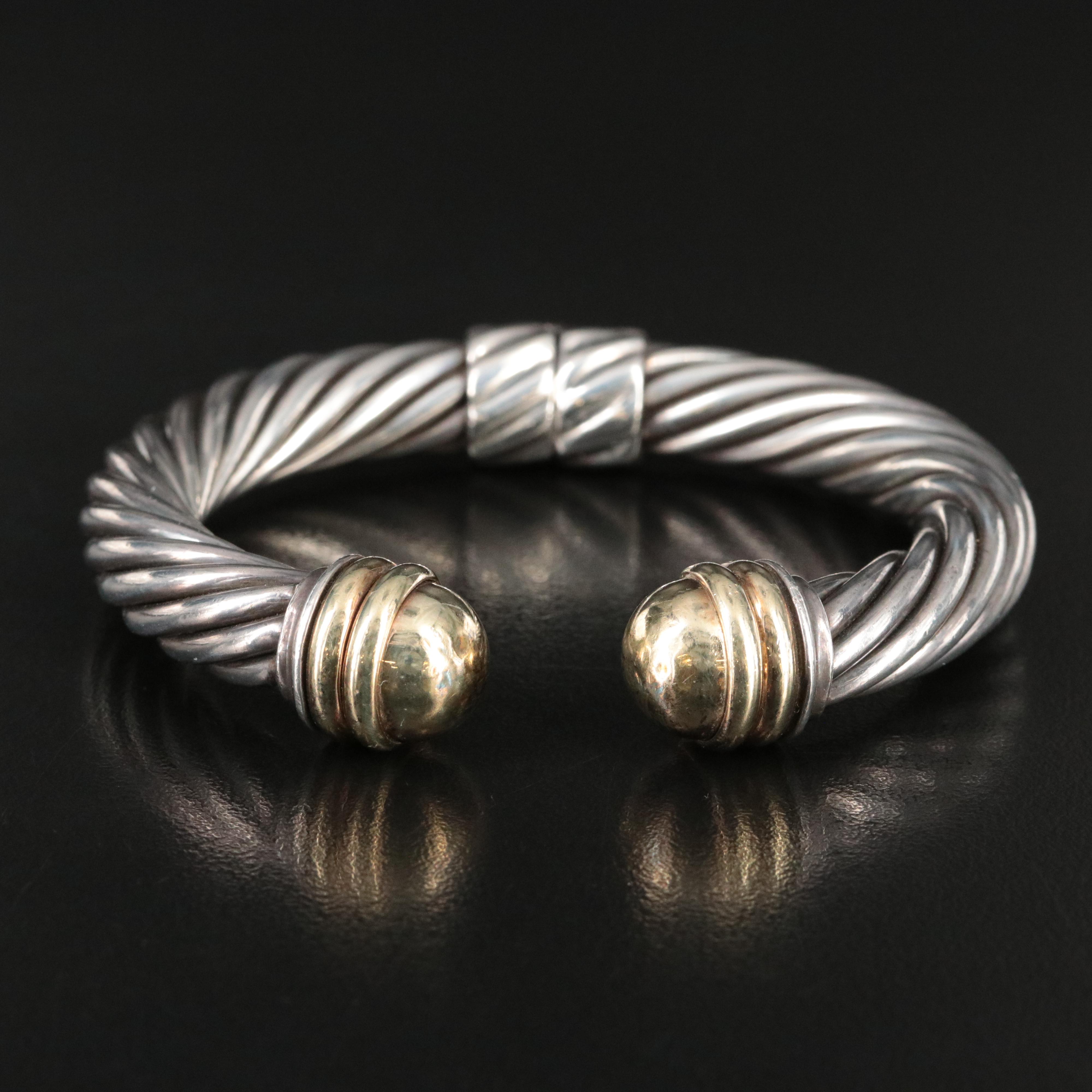 David Yurman Classic Cable Sterling and 14K Hinged Bracelet