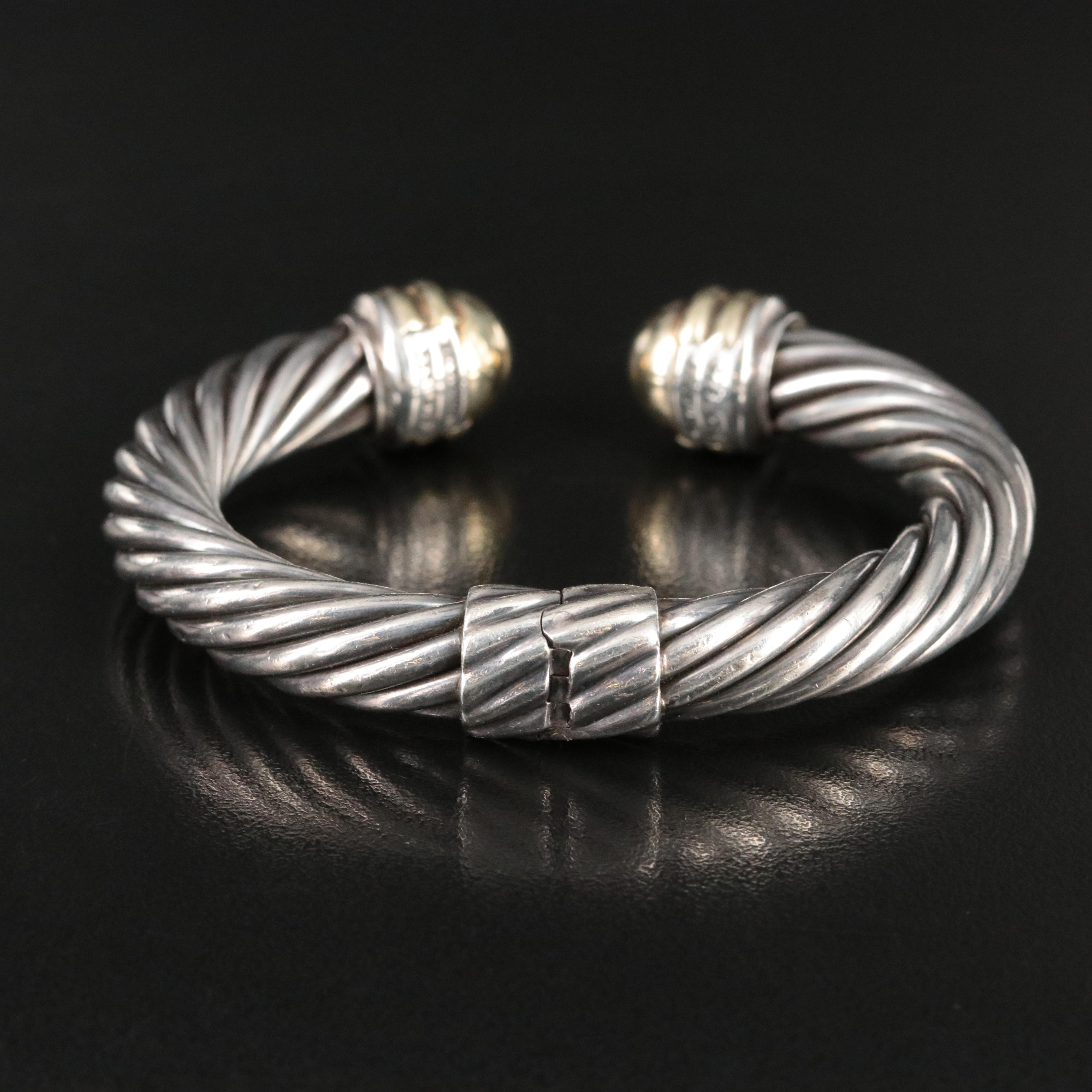 David Yurman Classic Cable Sterling and 14K Hinged Bracelet