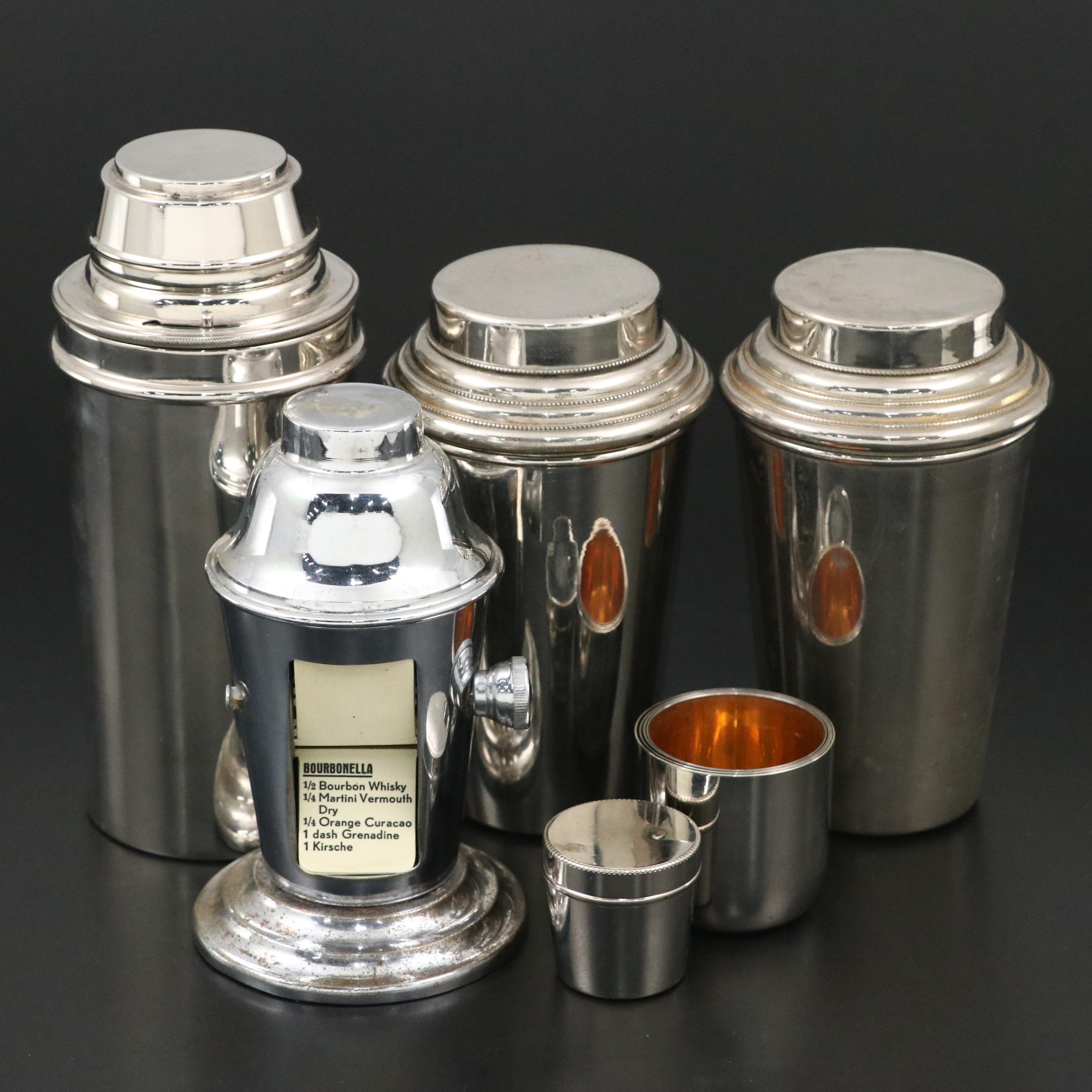 German Art Deco Cocktail Shaker Sets with Travel Cups and Cocktail Recipe Stand
