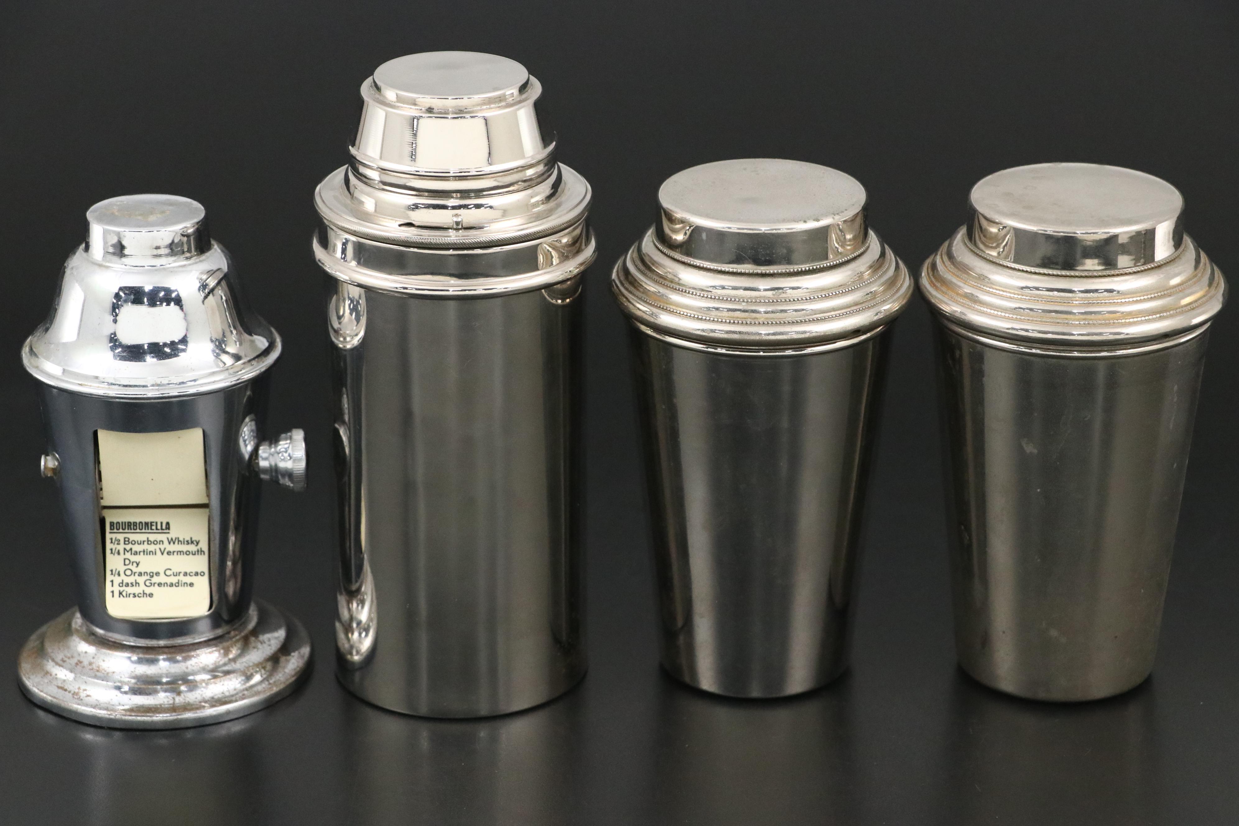 German Art Deco Cocktail Shaker Sets with Travel Cups and Cocktail Recipe Stand