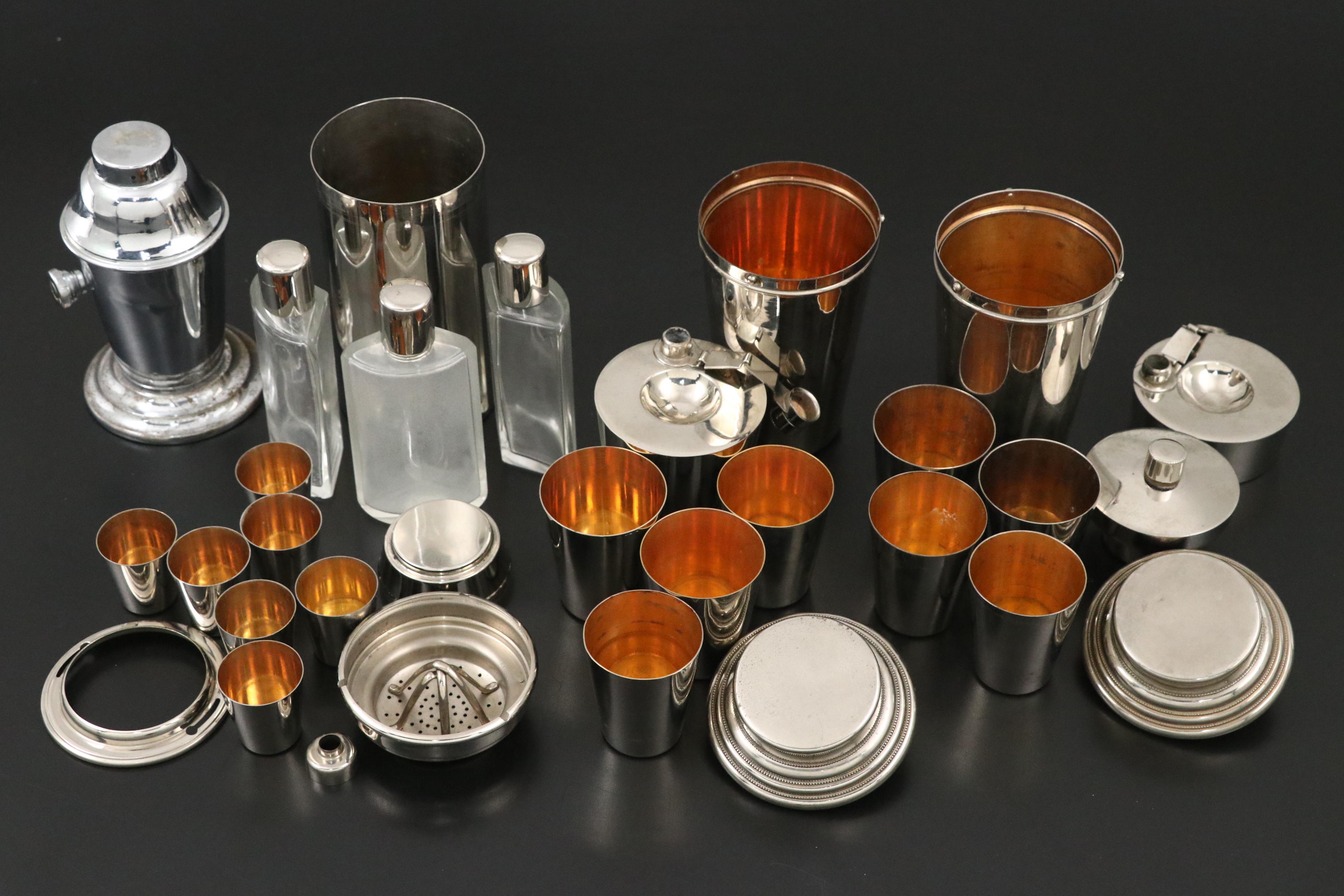 German Art Deco Cocktail Shaker Sets with Travel Cups and Cocktail Recipe Stand