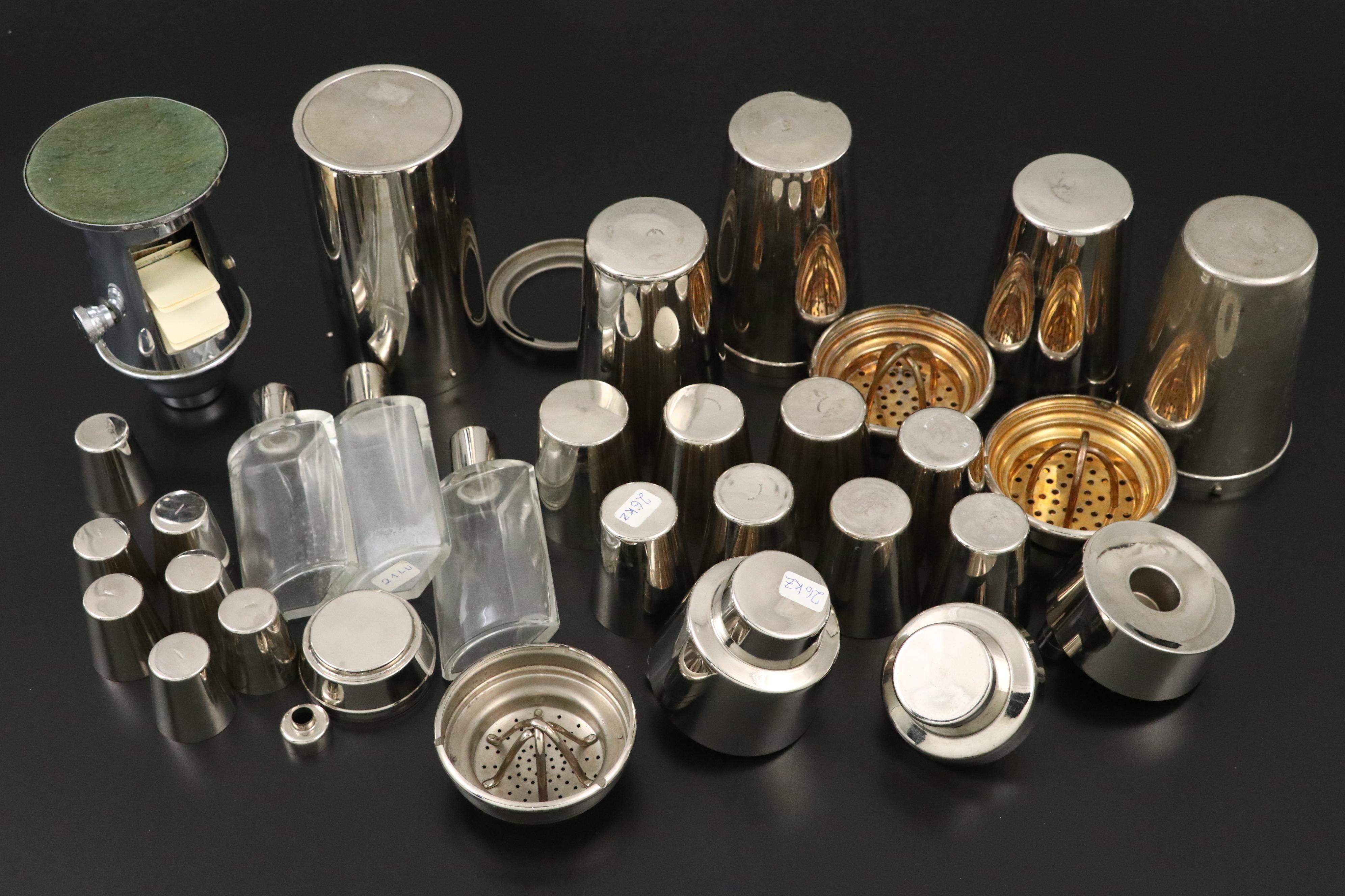 German Art Deco Cocktail Shaker Sets with Travel Cups and Cocktail Recipe Stand