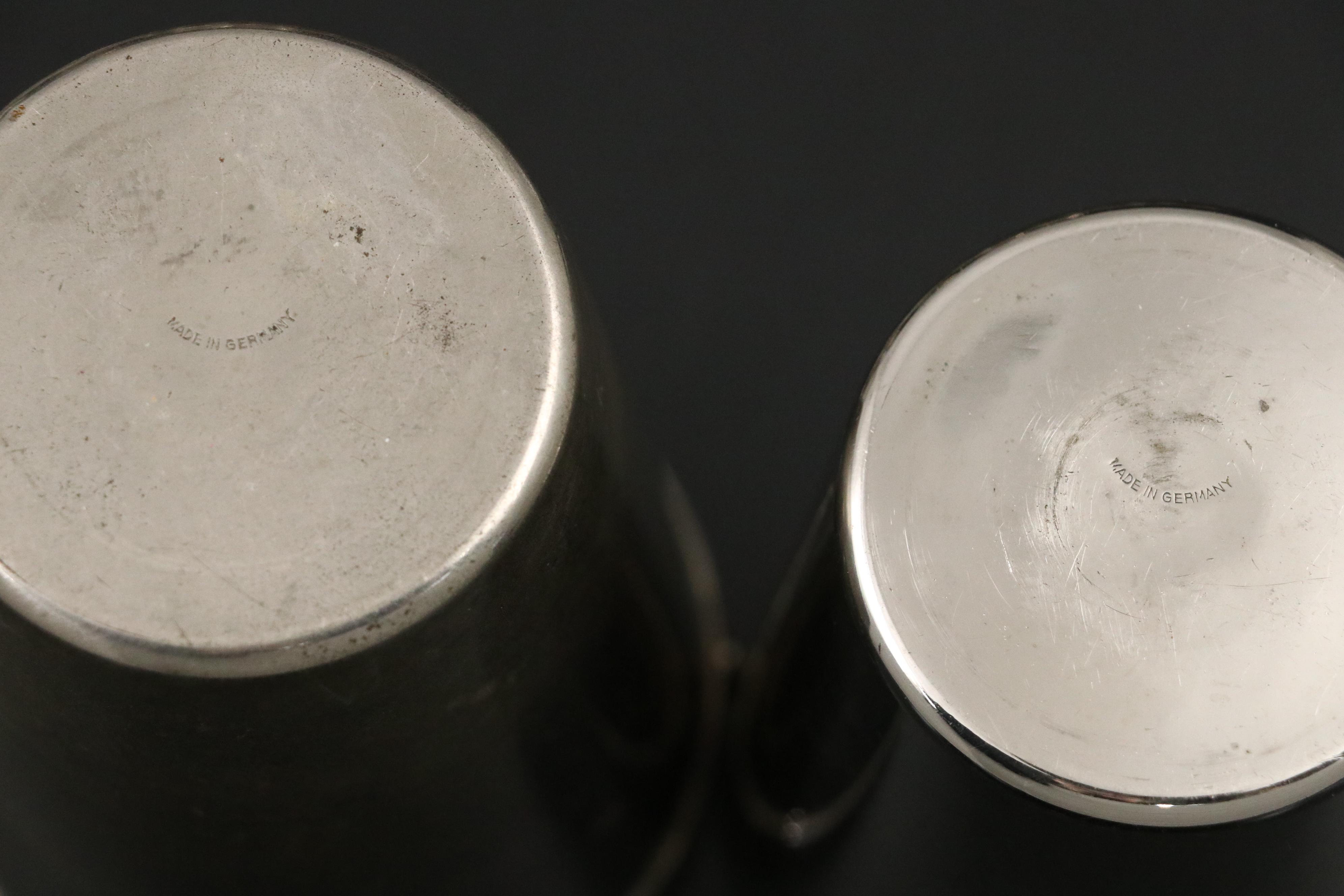 German Art Deco Cocktail Shaker Sets with Travel Cups and Cocktail Recipe Stand