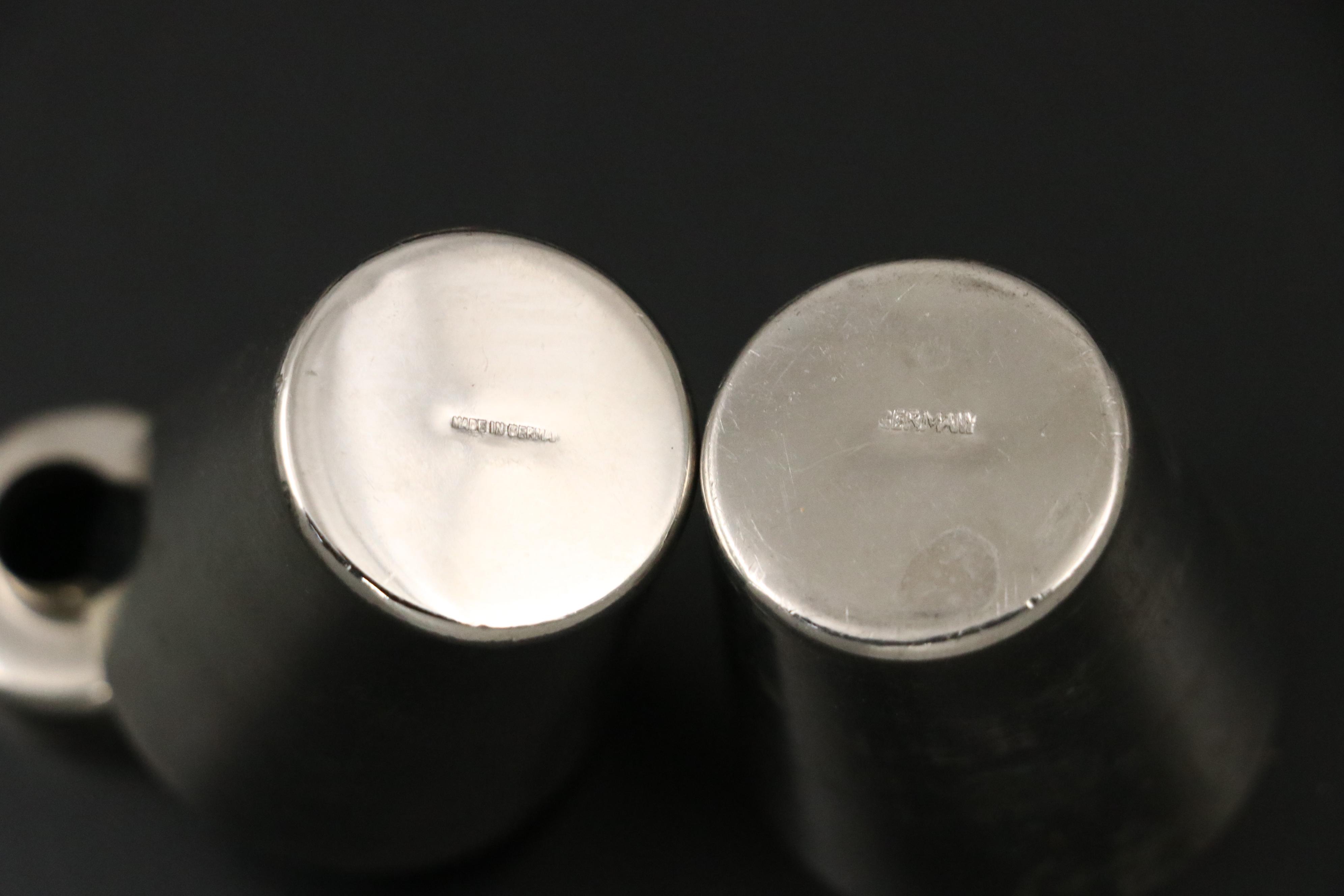 German Art Deco Cocktail Shaker Sets with Travel Cups and Cocktail Recipe Stand