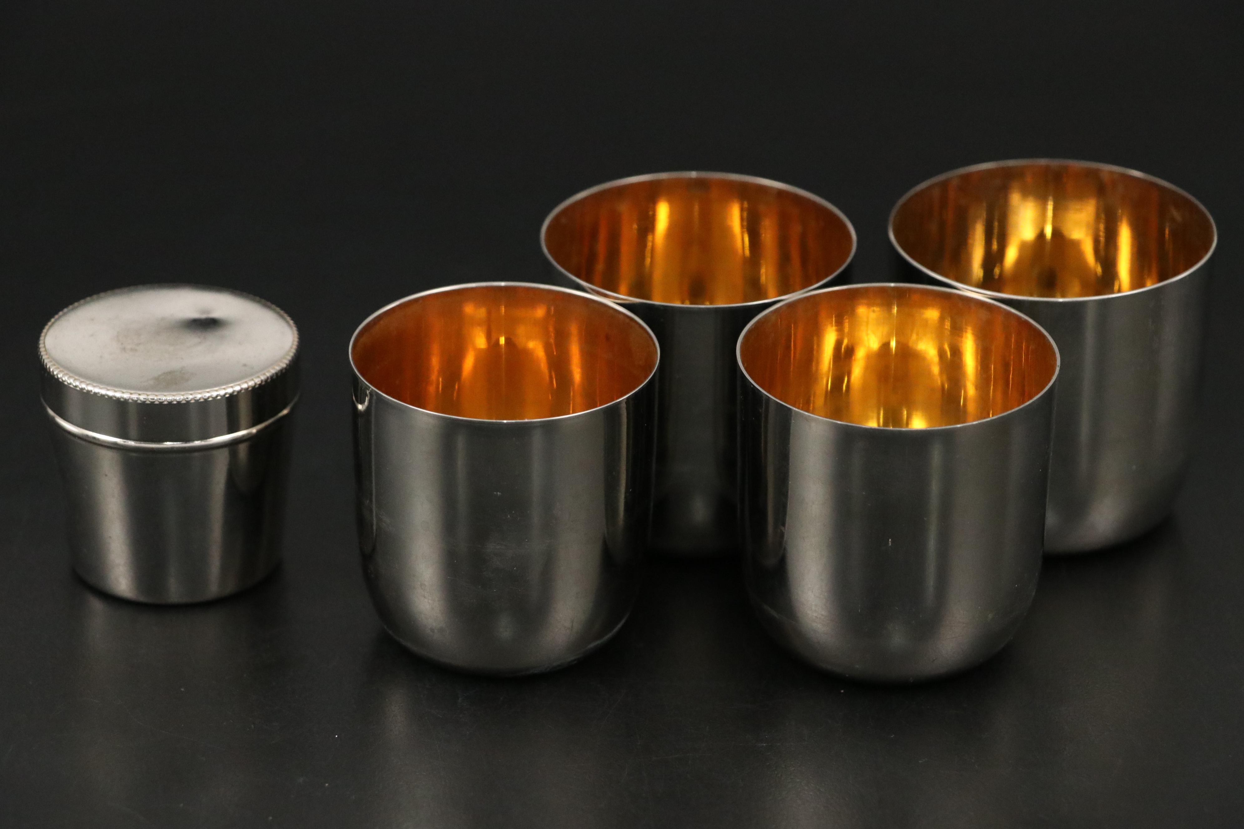 German Art Deco Cocktail Shaker Sets with Travel Cups and Cocktail Recipe Stand