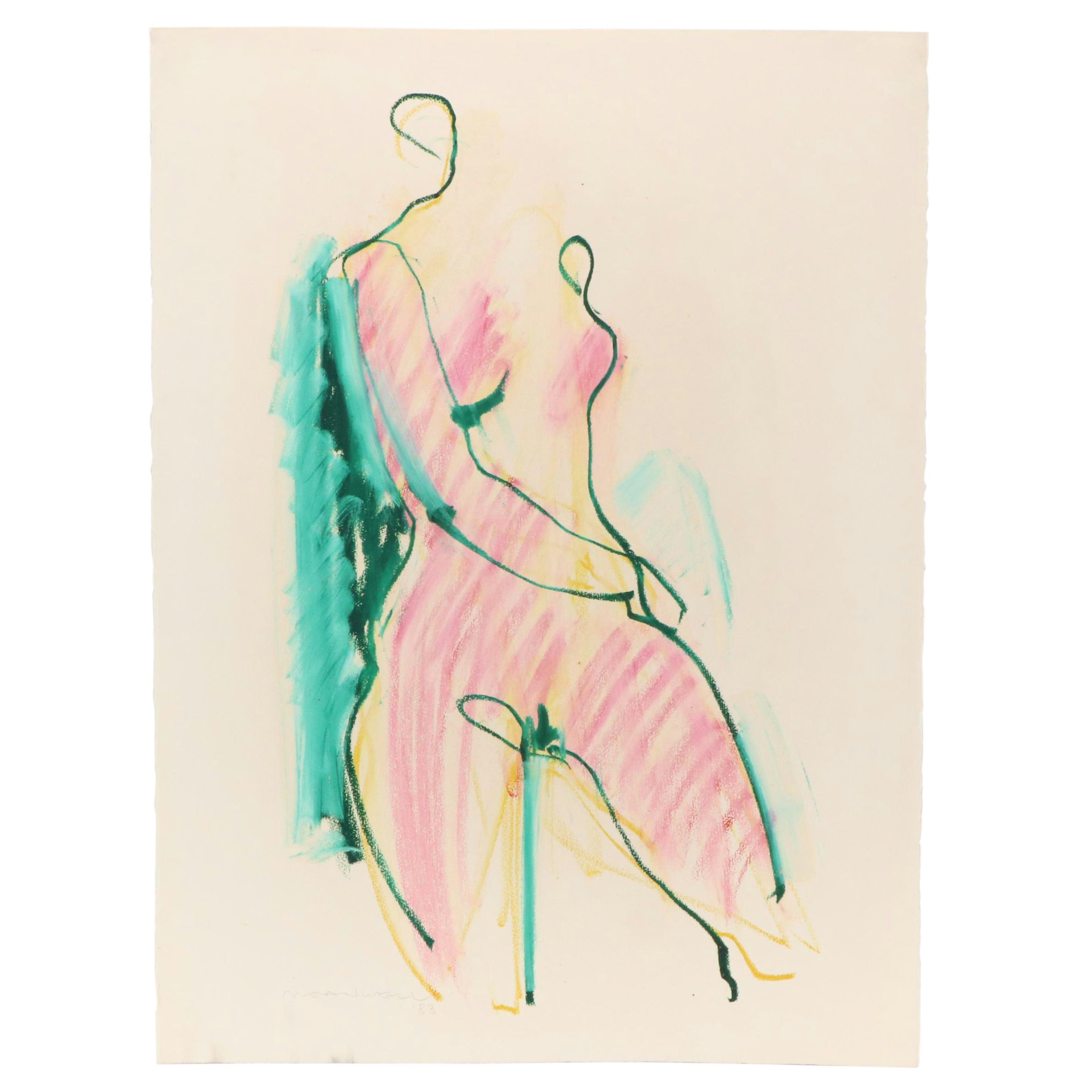 Jack Meanwell Expressionist Figurative Oil Pastel Drawing, 1983