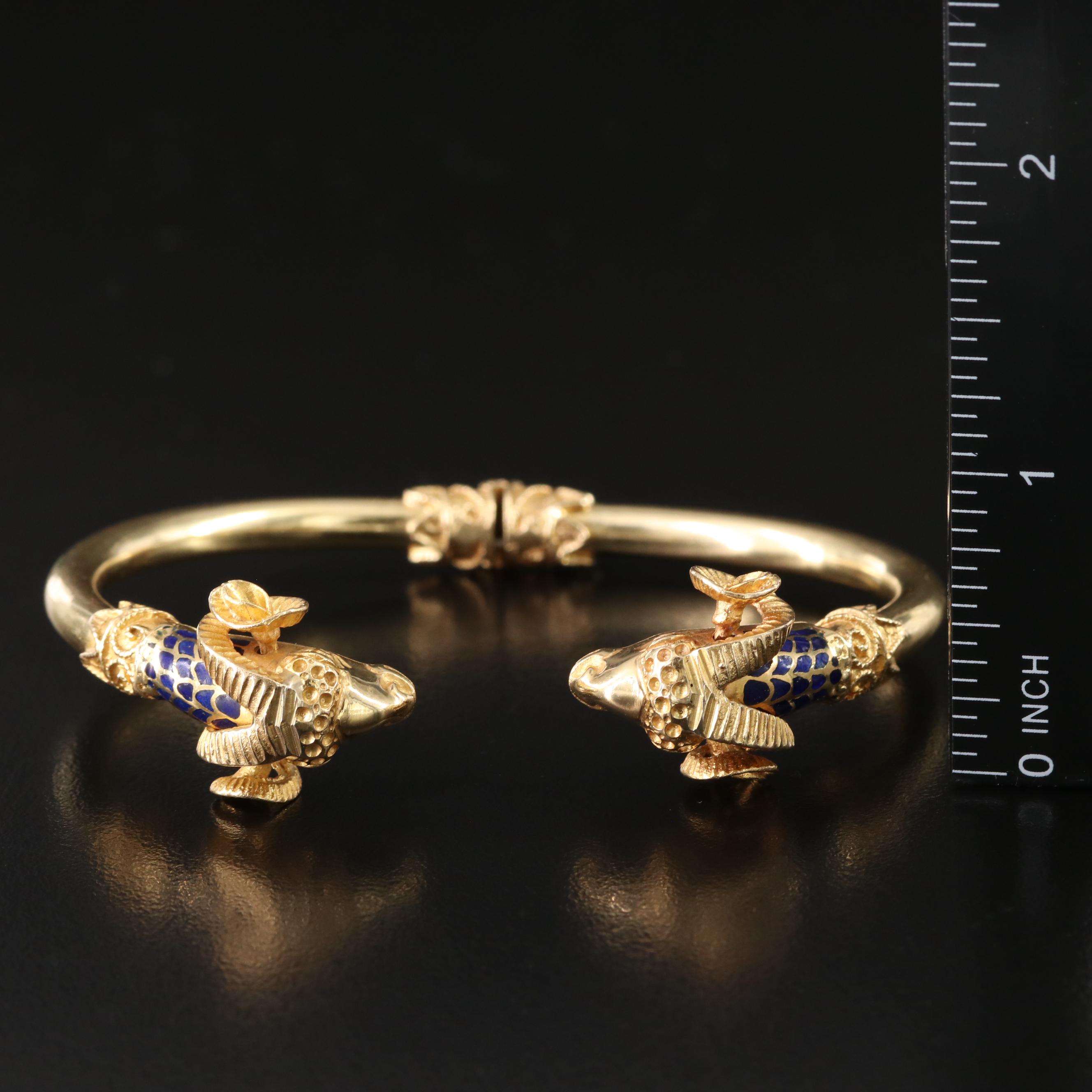 18K and Blue Enamel Double Rams Head Hinged Bracelet