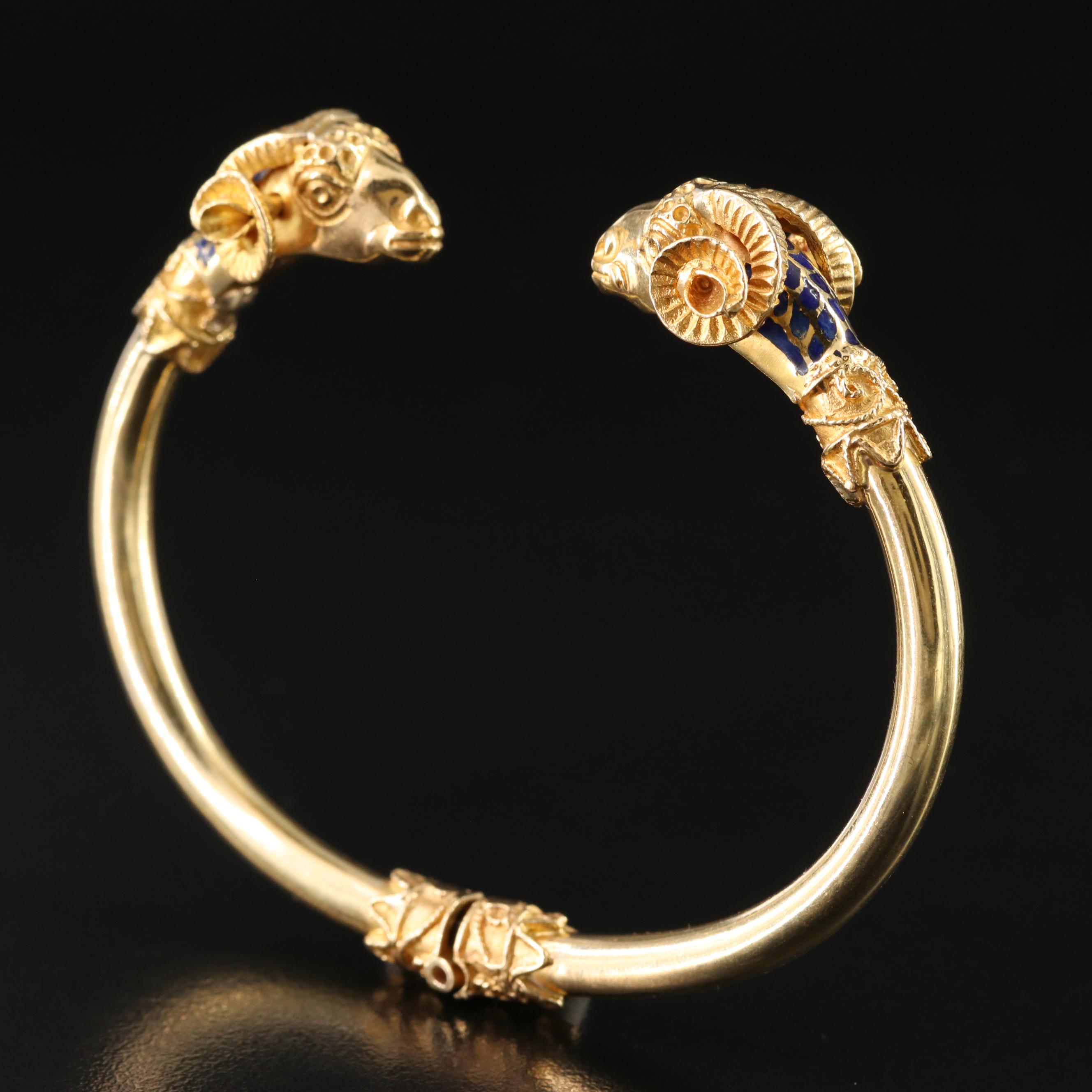 18K and Blue Enamel Double Rams Head Hinged Bracelet