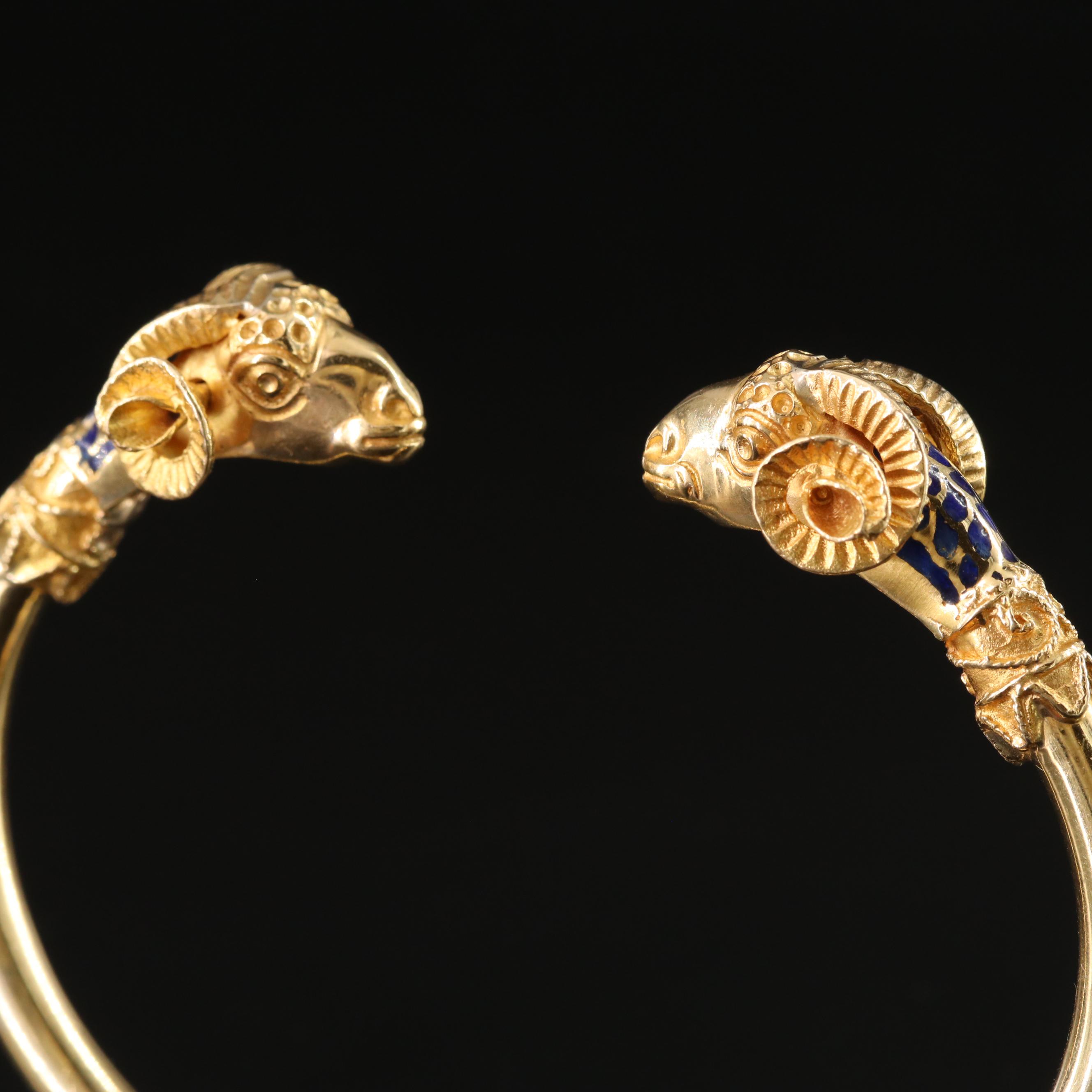18K and Blue Enamel Double Rams Head Hinged Bracelet