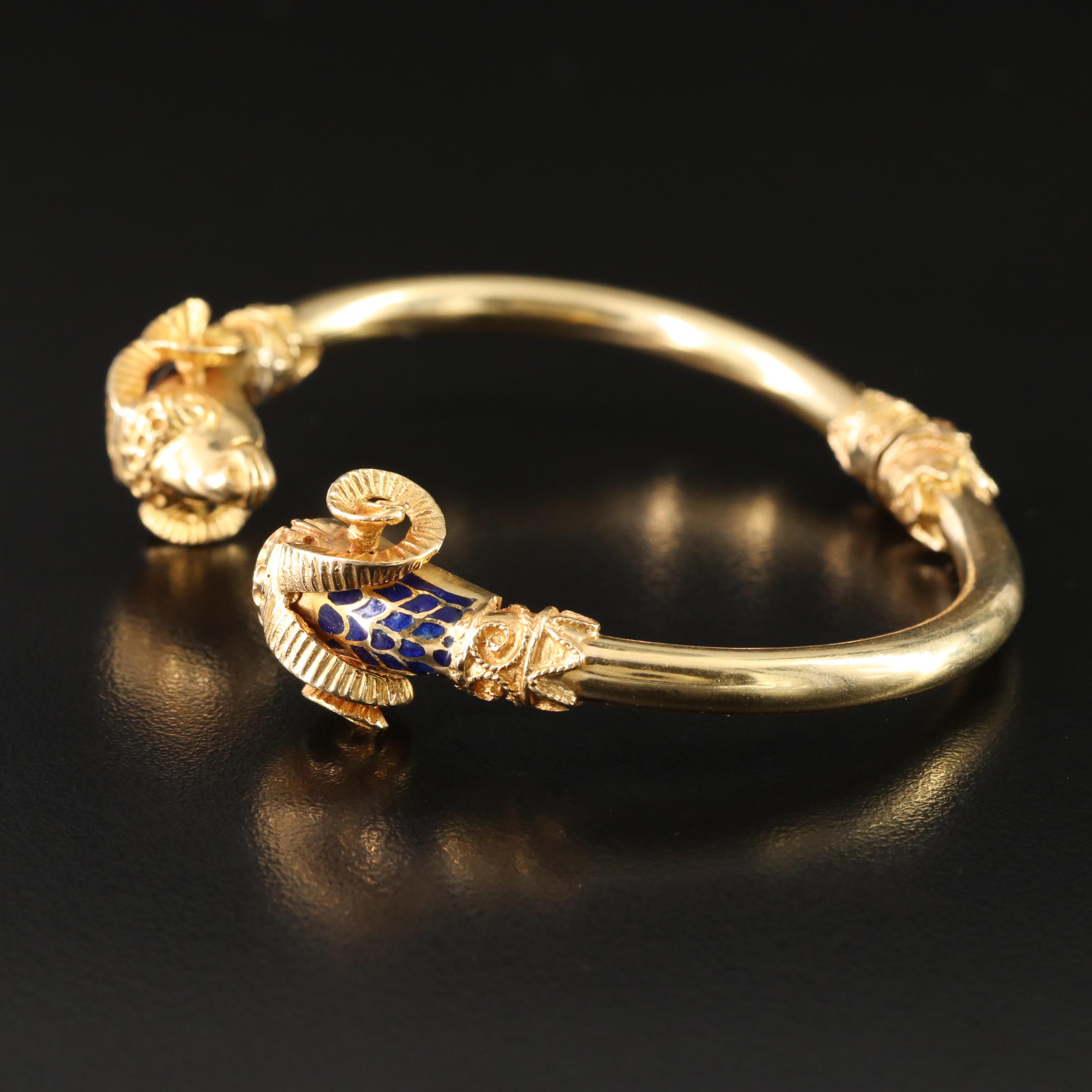 18K and Blue Enamel Double Rams Head Hinged Bracelet