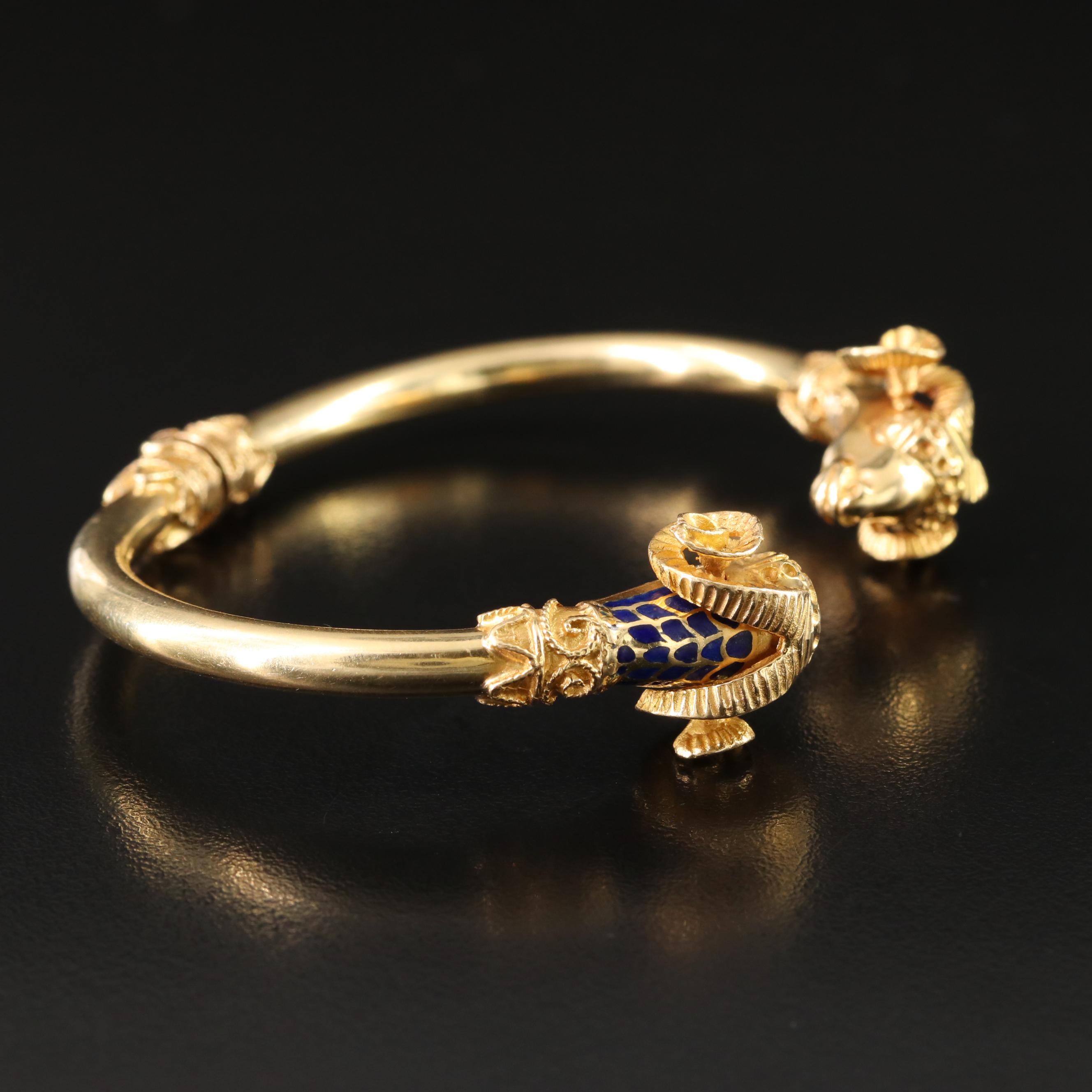 18K and Blue Enamel Double Rams Head Hinged Bracelet