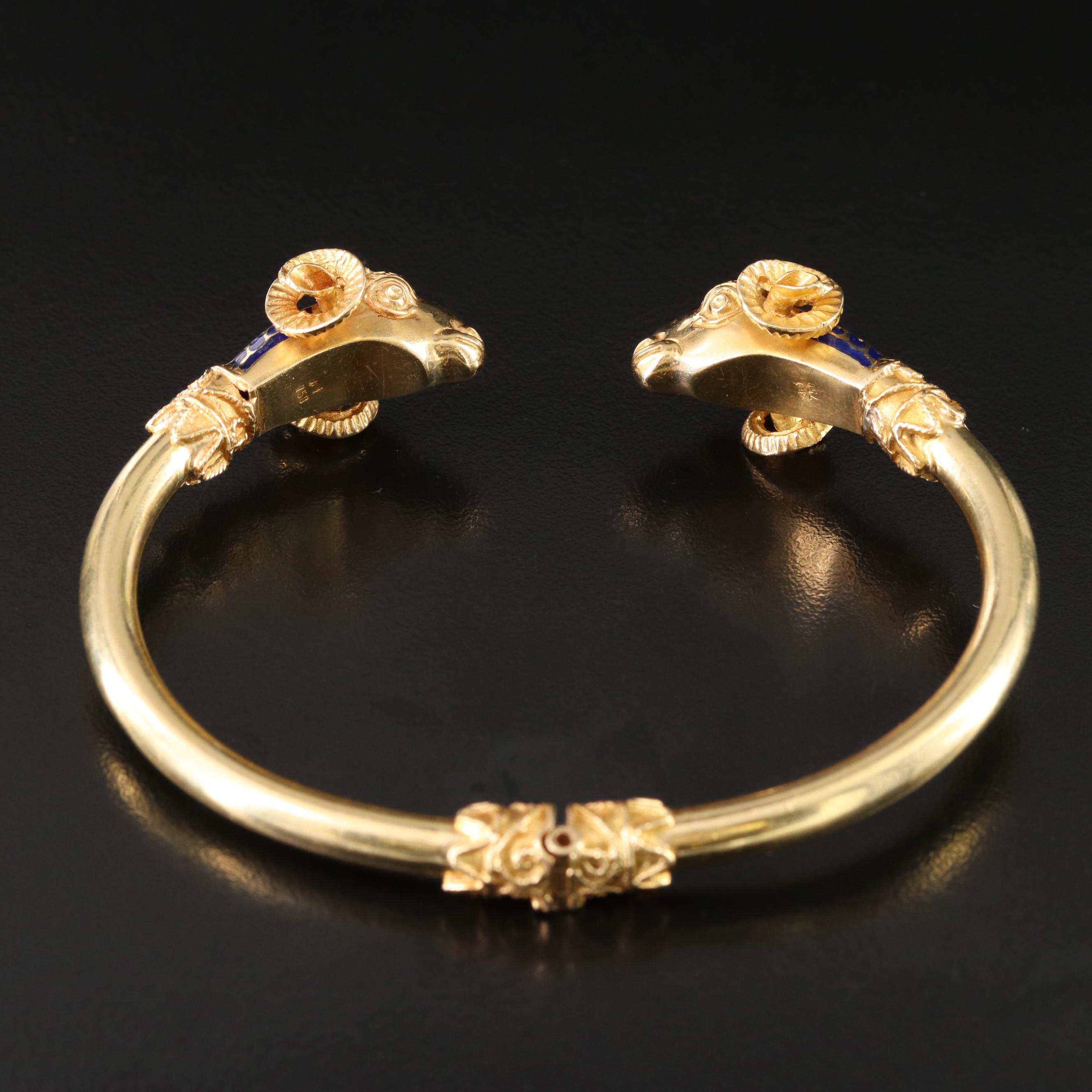 18K and Blue Enamel Double Rams Head Hinged Bracelet