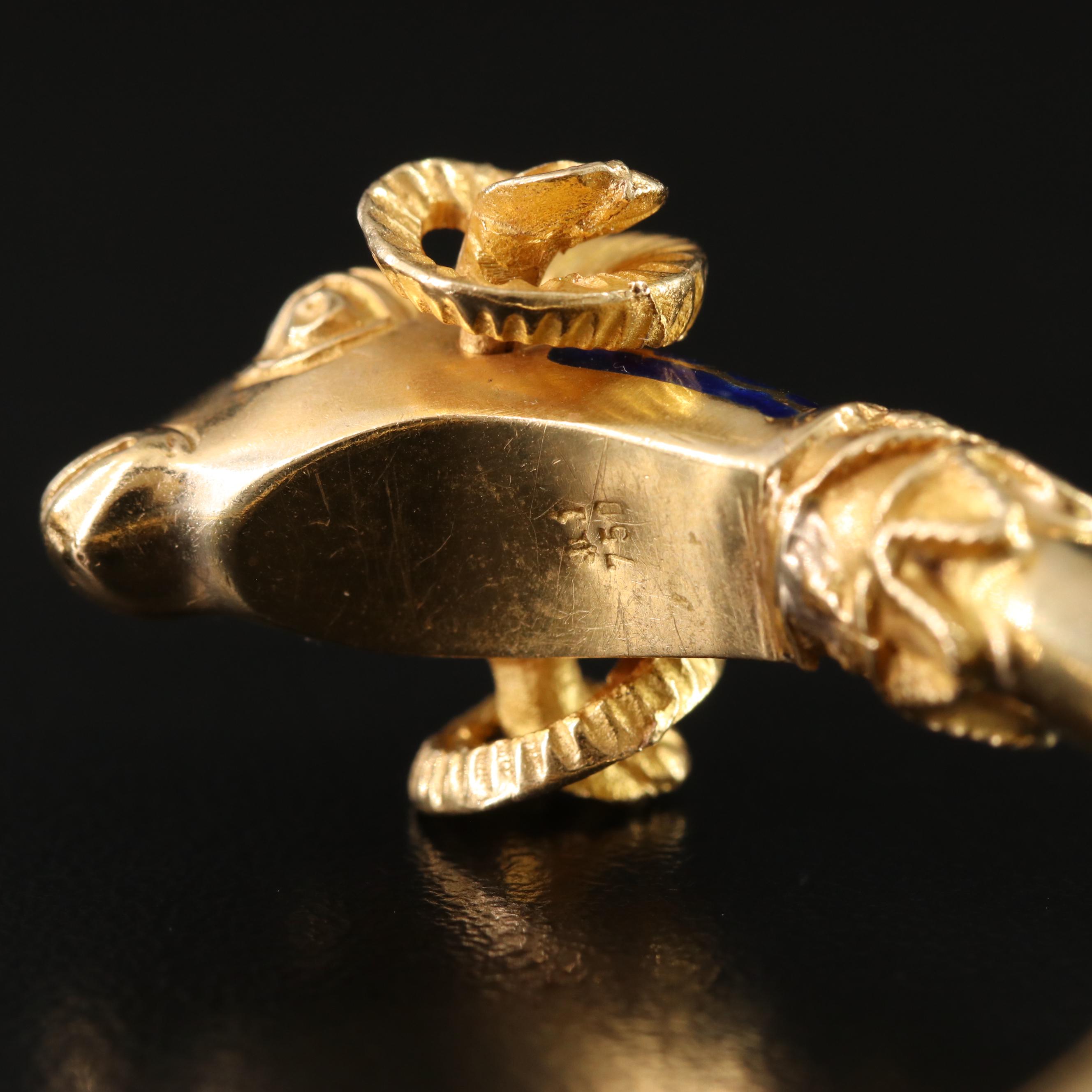 18K and Blue Enamel Double Rams Head Hinged Bracelet