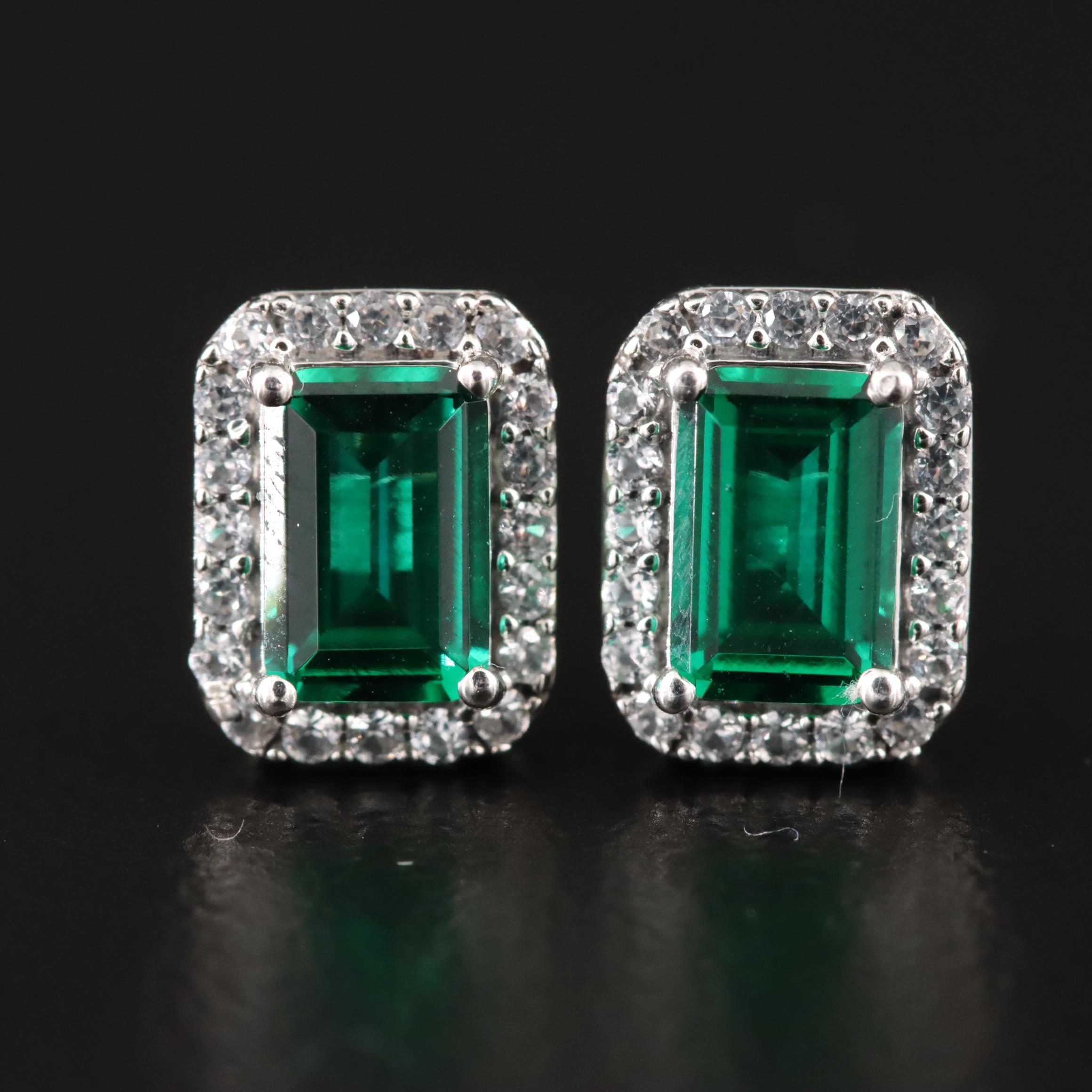 Sterling Emerald and Sapphire Halo Stud Earrings