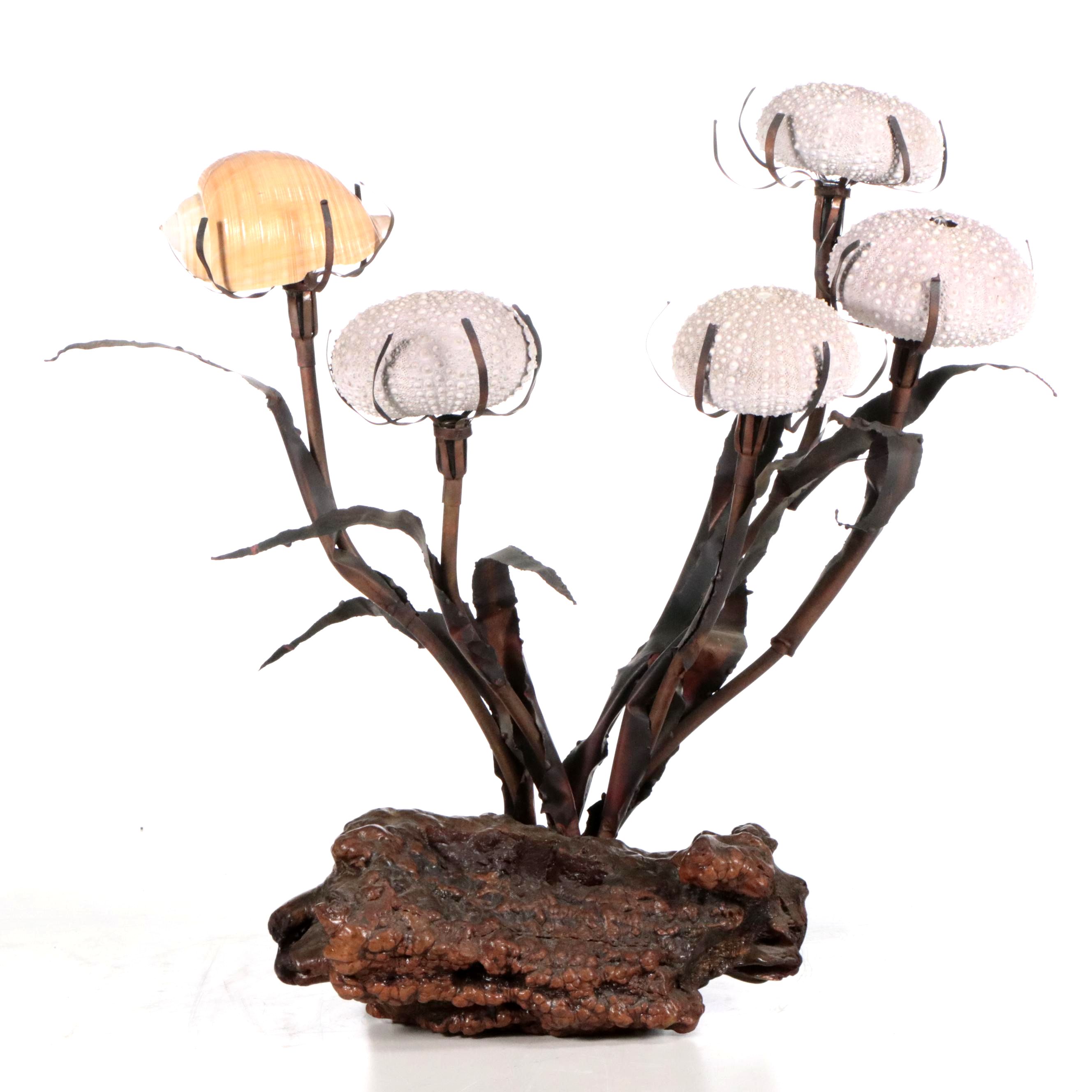 Bronzed Metal and Composite Lily Leaf & Burl Base with Sea Urchins and Tun Shell