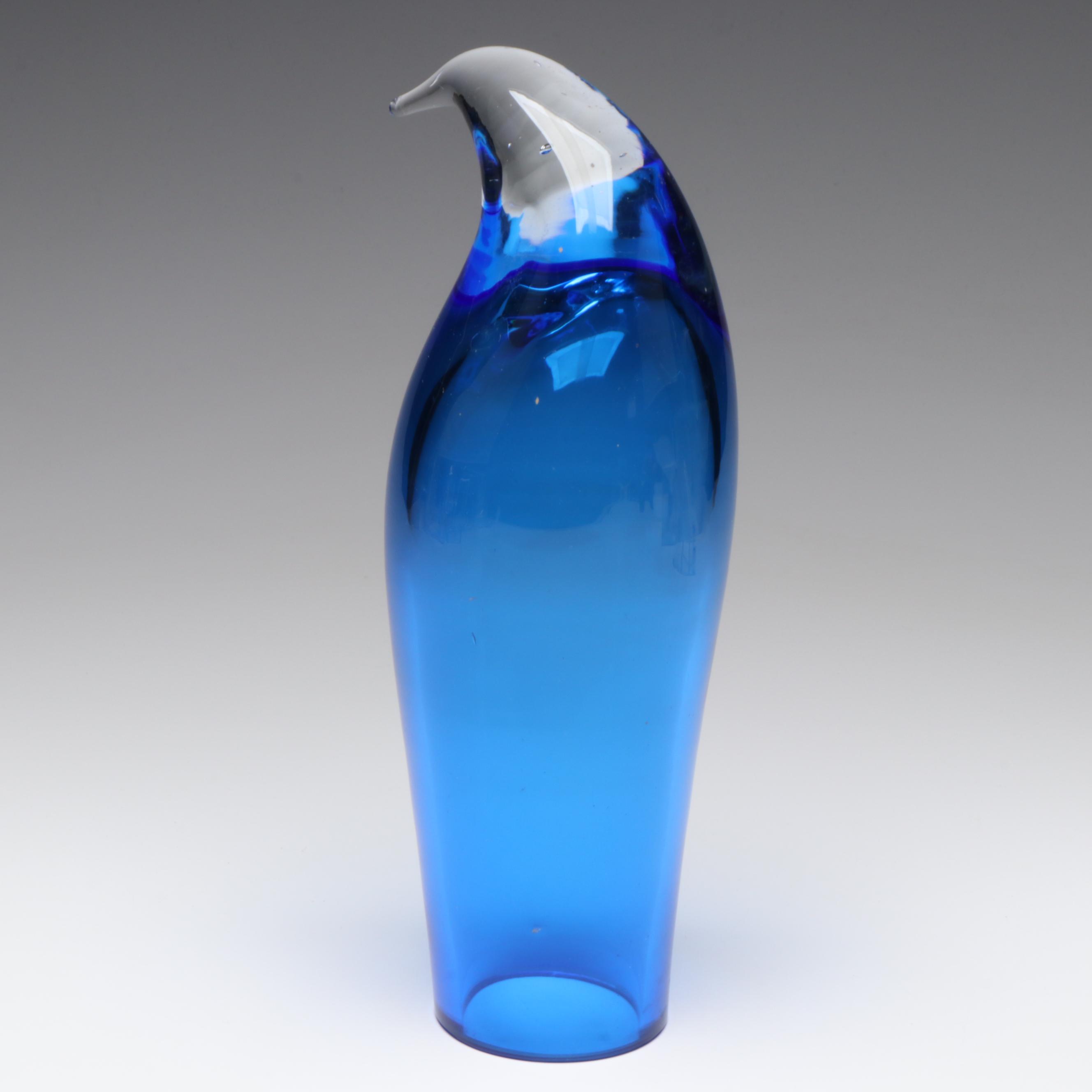 Blenko Handmade Clear to Blue Gradient Art Glass Penguin