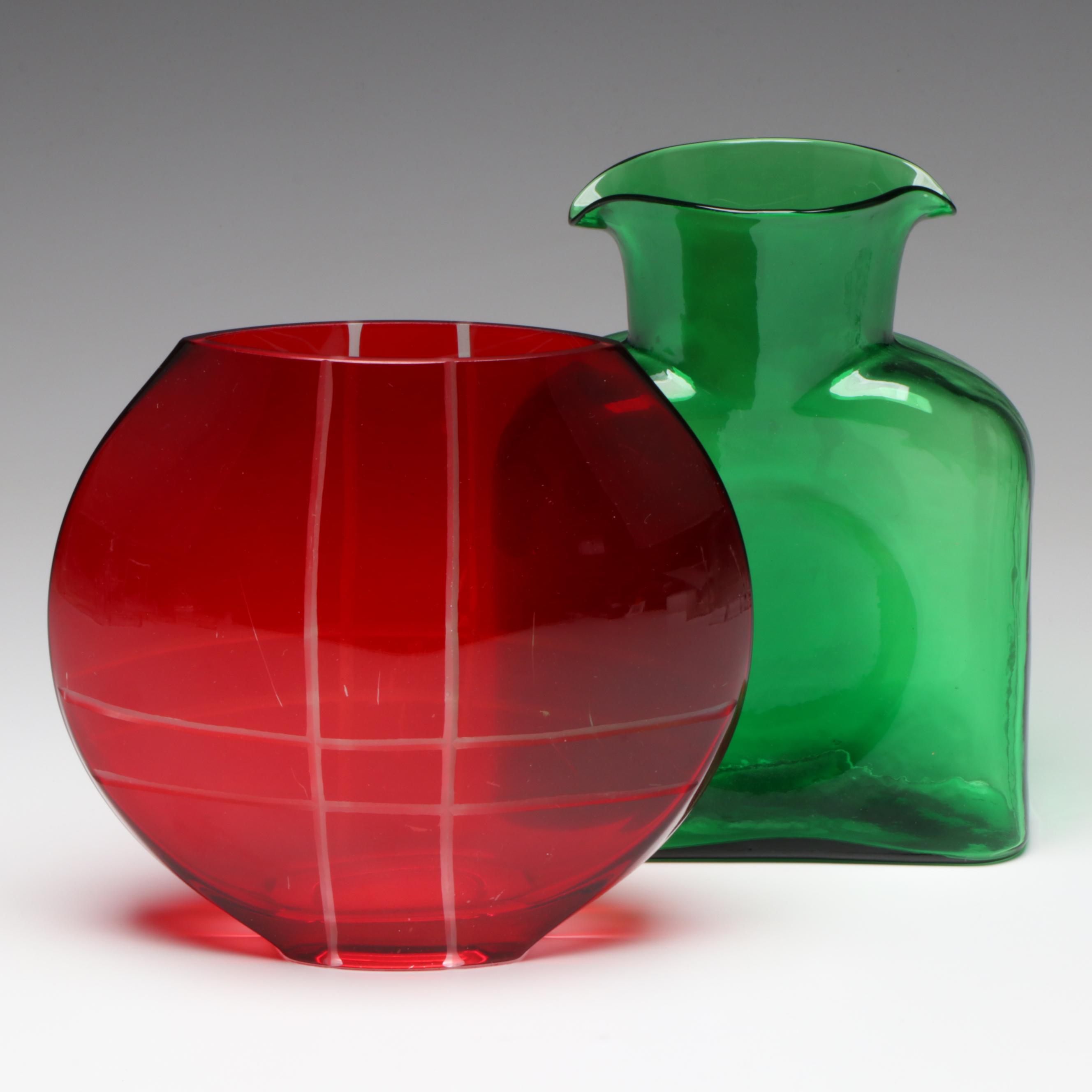 Blenko Water Bottle with Other Ruby Etched to Clear Vase