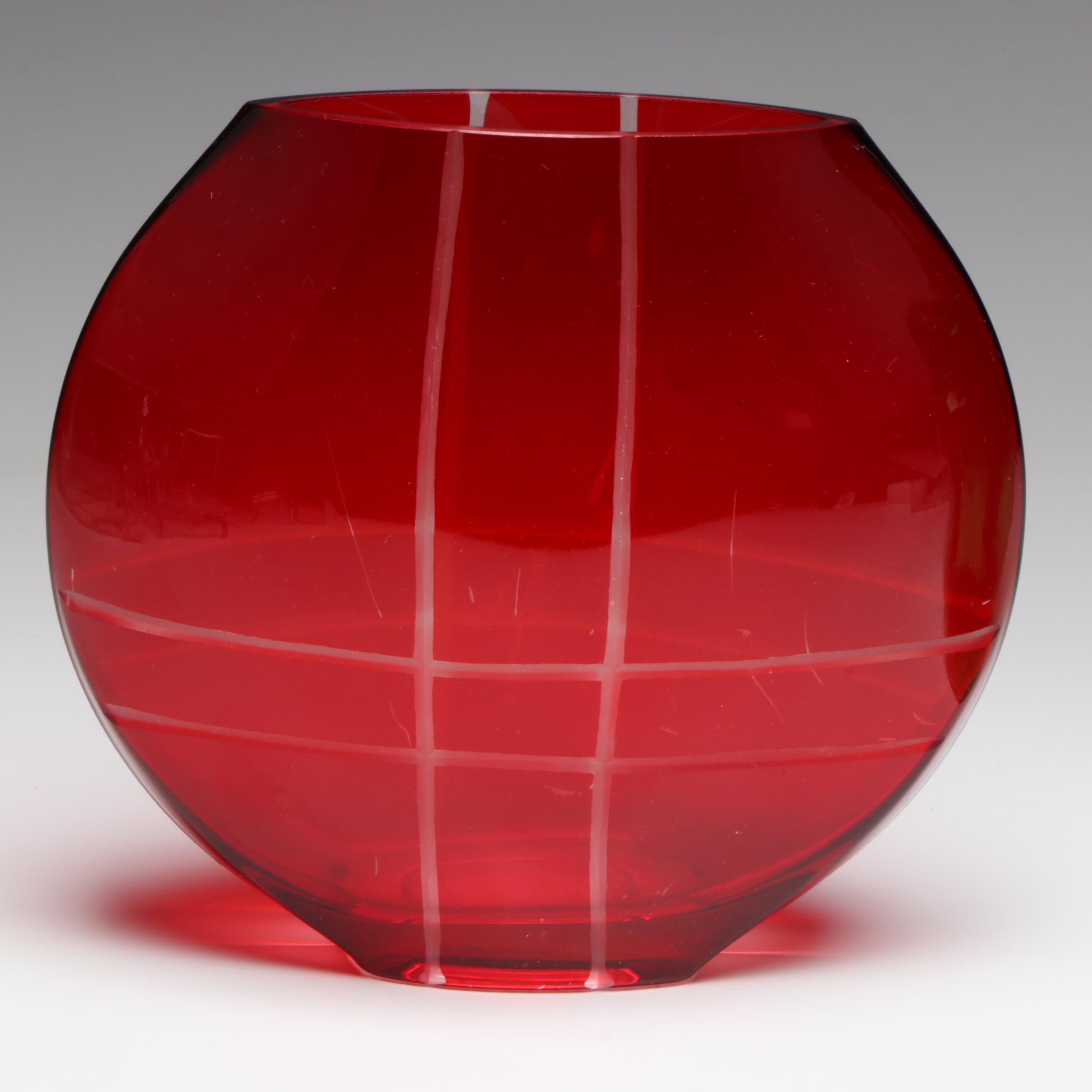 Blenko Water Bottle with Other Ruby Etched to Clear Vase