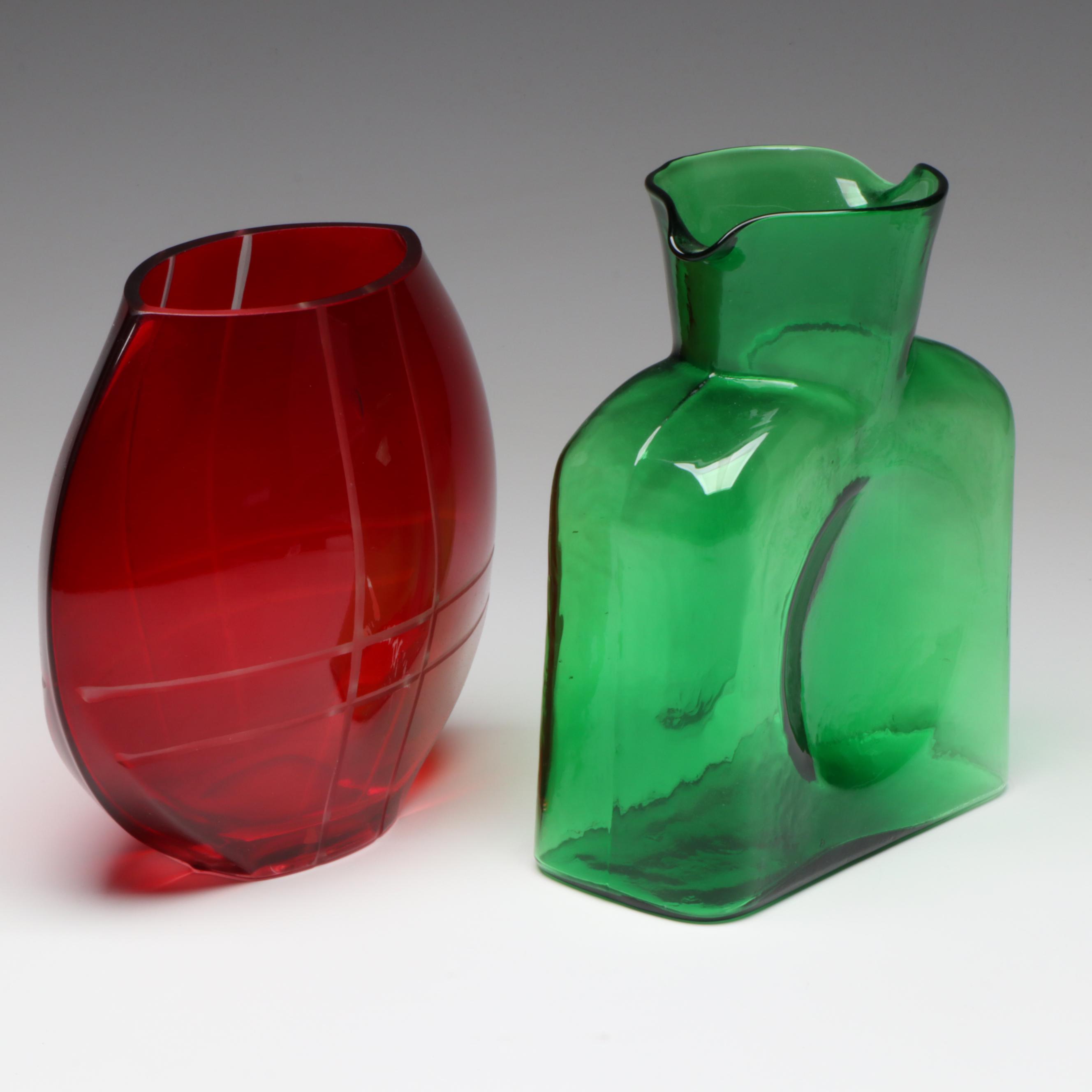 Blenko Water Bottle with Other Ruby Etched to Clear Vase