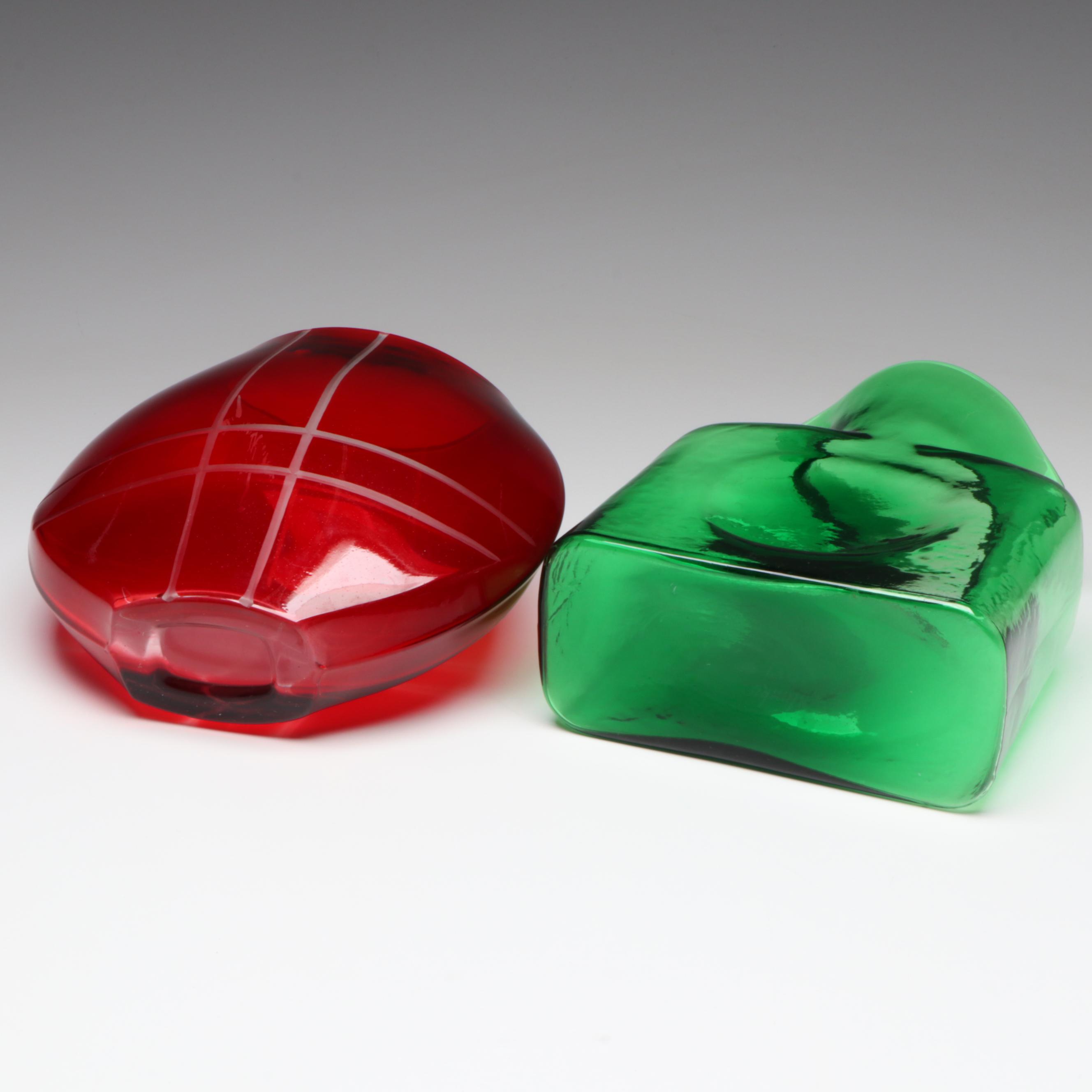 Blenko Water Bottle with Other Ruby Etched to Clear Vase