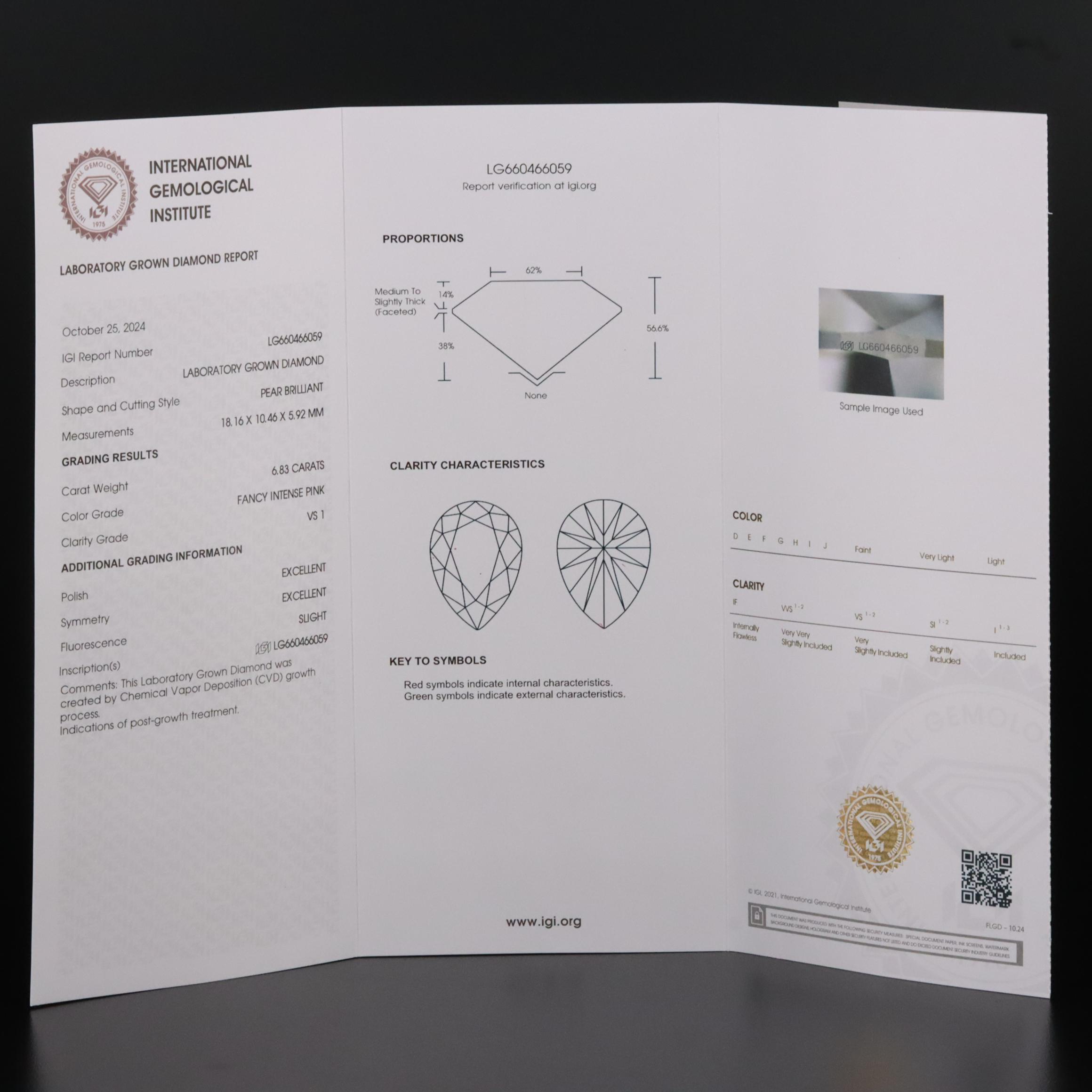 Loose 6.83 CT Fancy Intense Pink Lab Grown Diamond with IGI Report