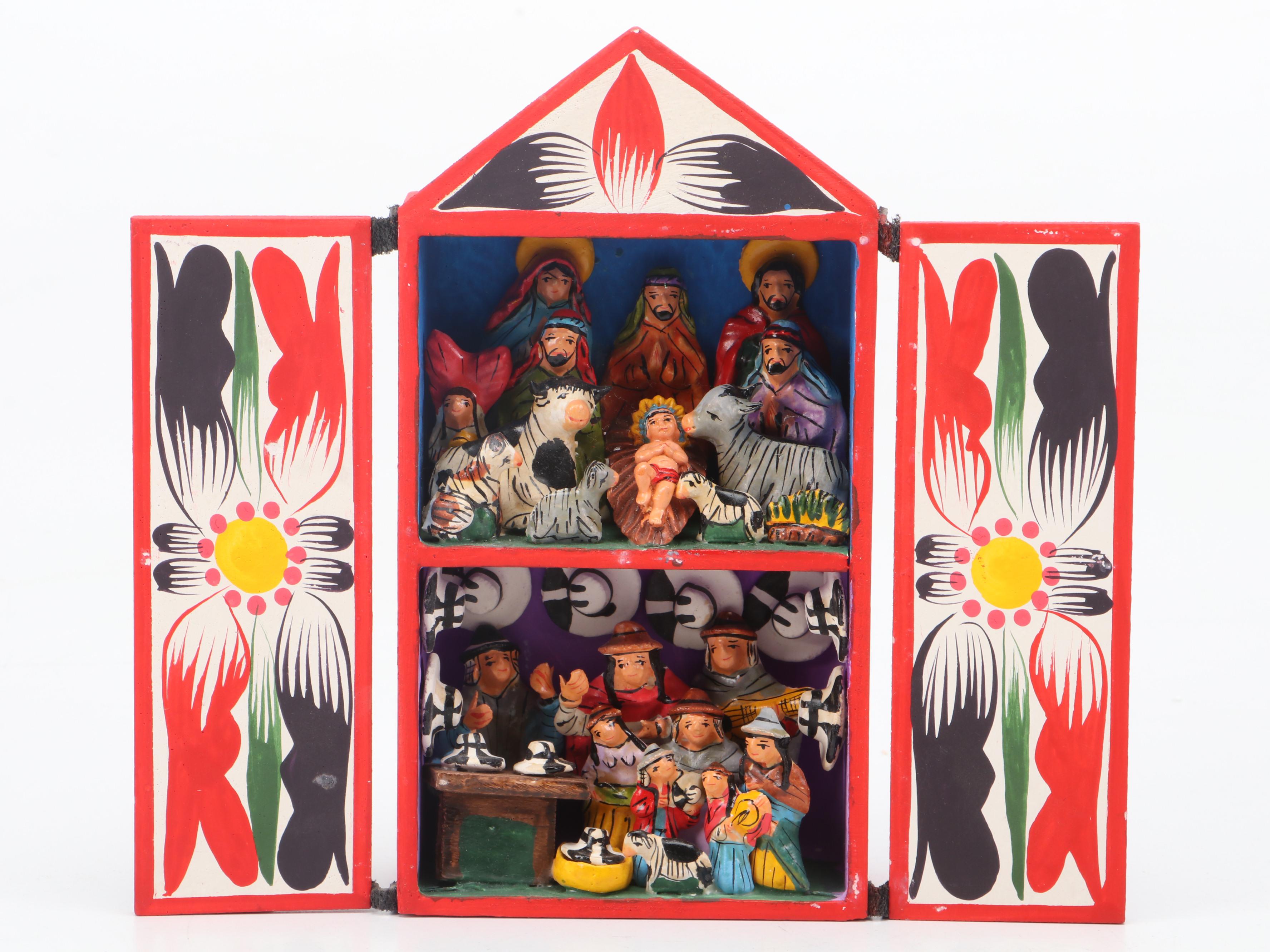 Peruvian Retablo Nativity with Ceramic Nativity Votive