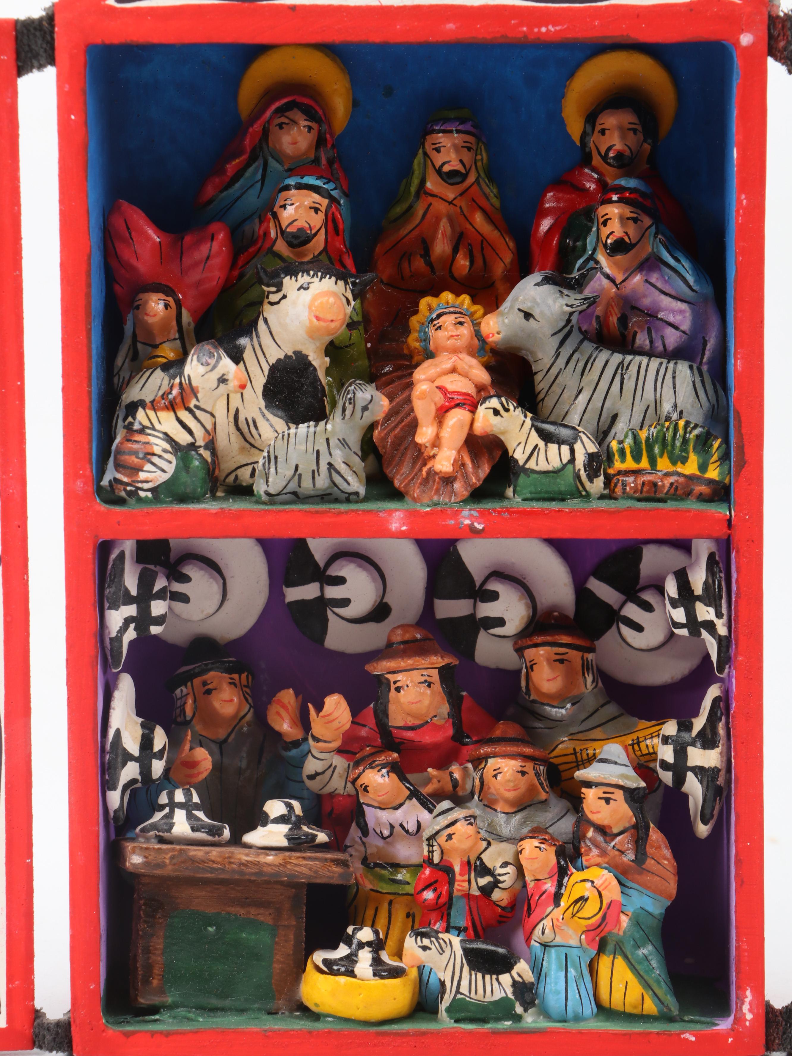 Peruvian Retablo Nativity with Ceramic Nativity Votive