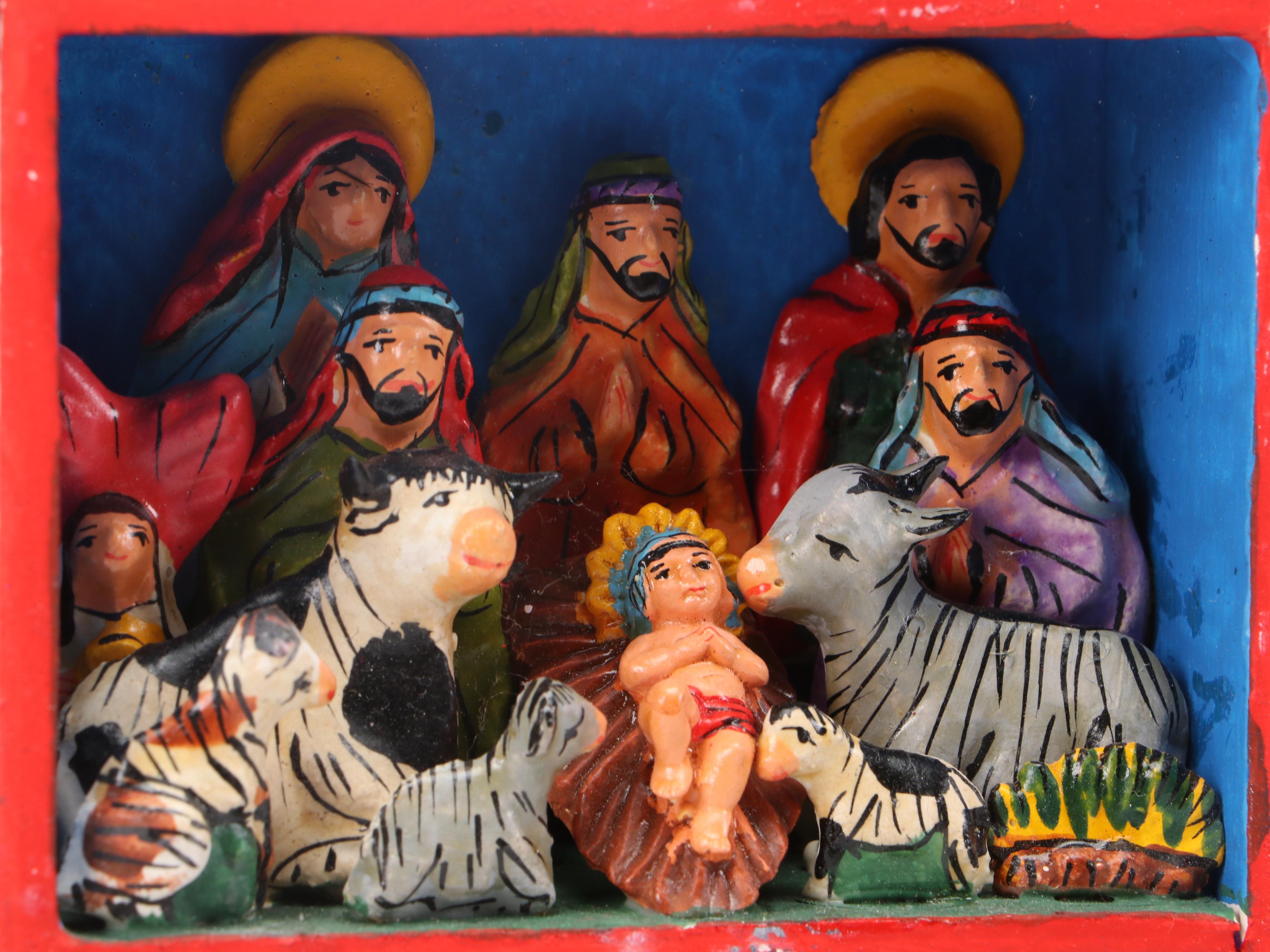 Peruvian Retablo Nativity with Ceramic Nativity Votive