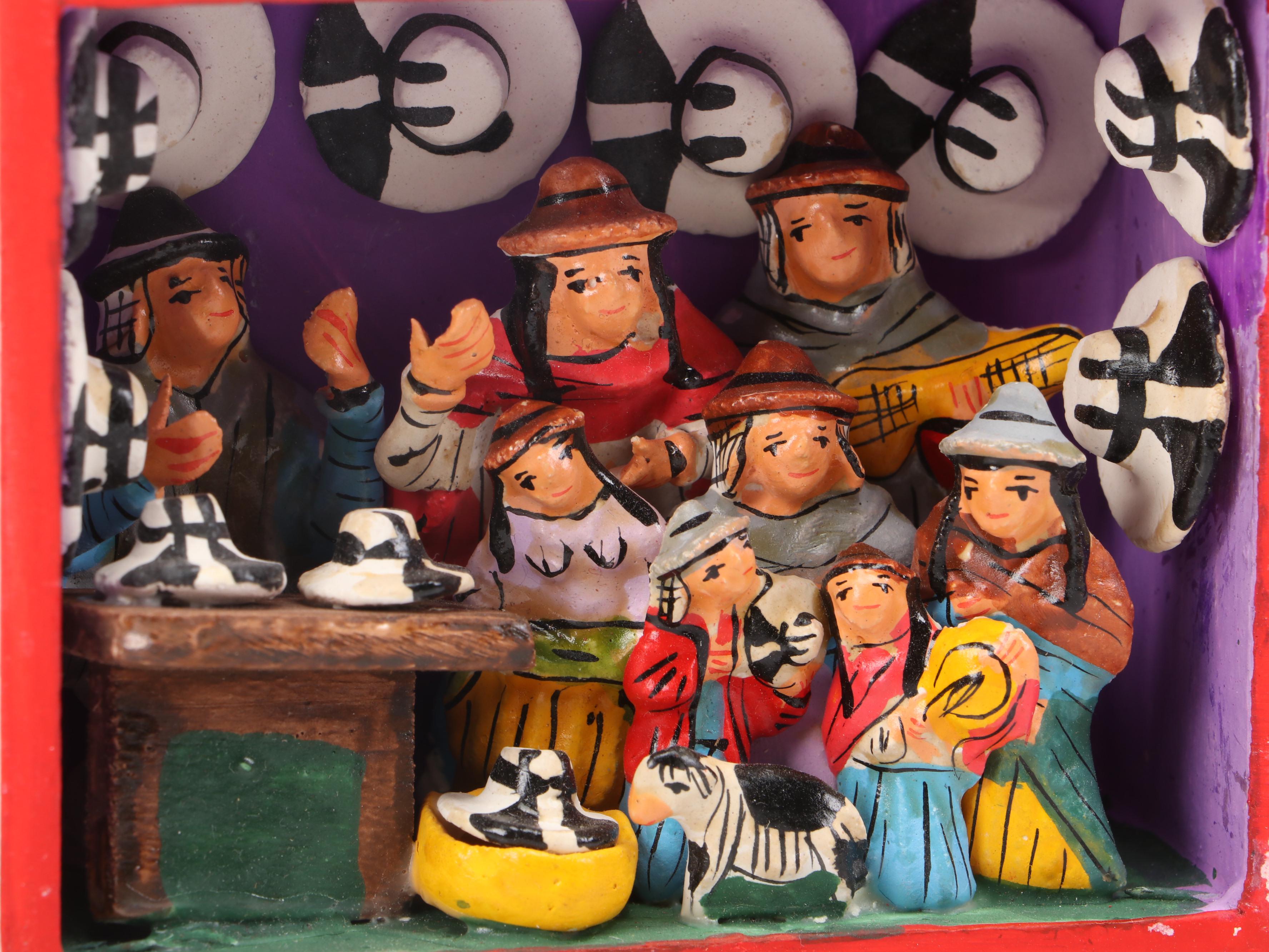 Peruvian Retablo Nativity with Ceramic Nativity Votive