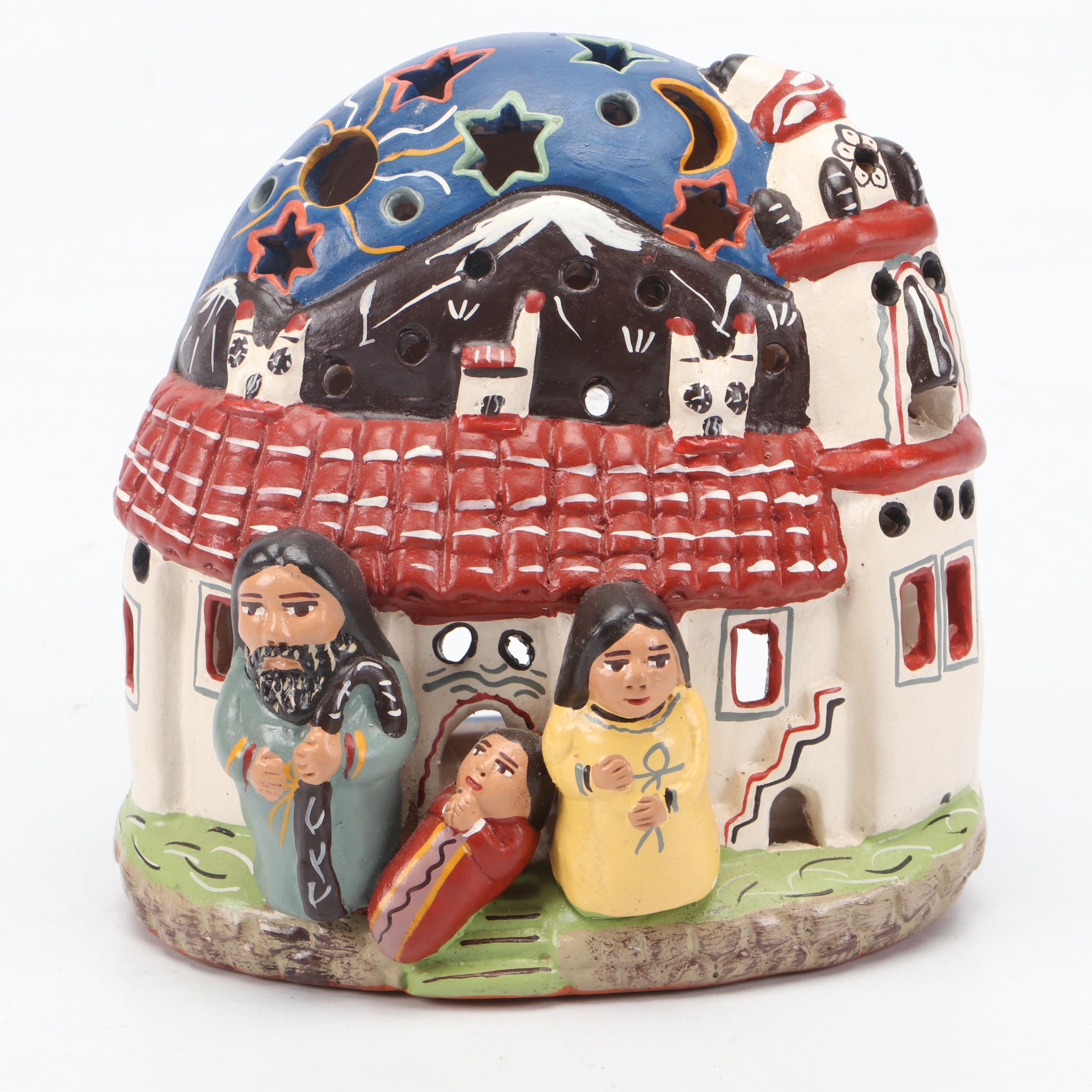 Peruvian Retablo Nativity with Ceramic Nativity Votive