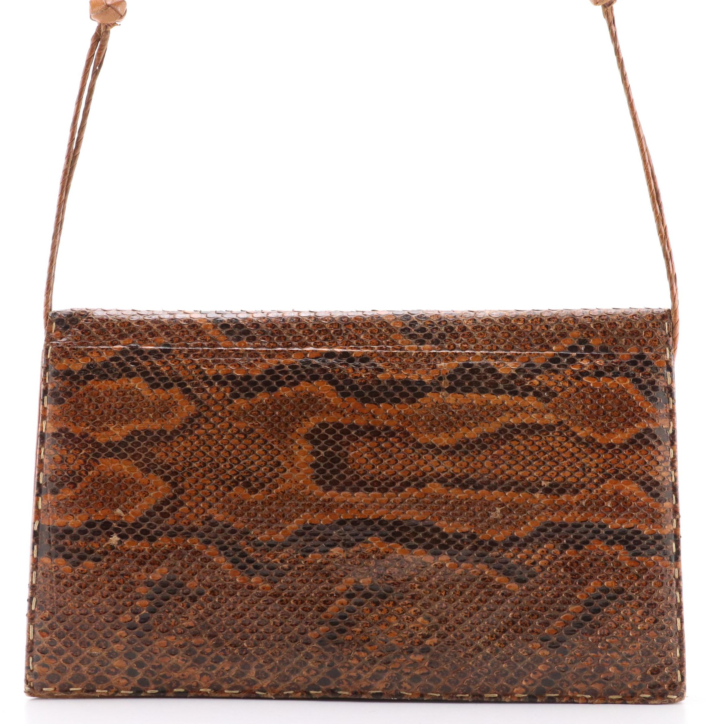 Python Snakeskin Front Flap Crossbody Bag with Braided Leather Strap