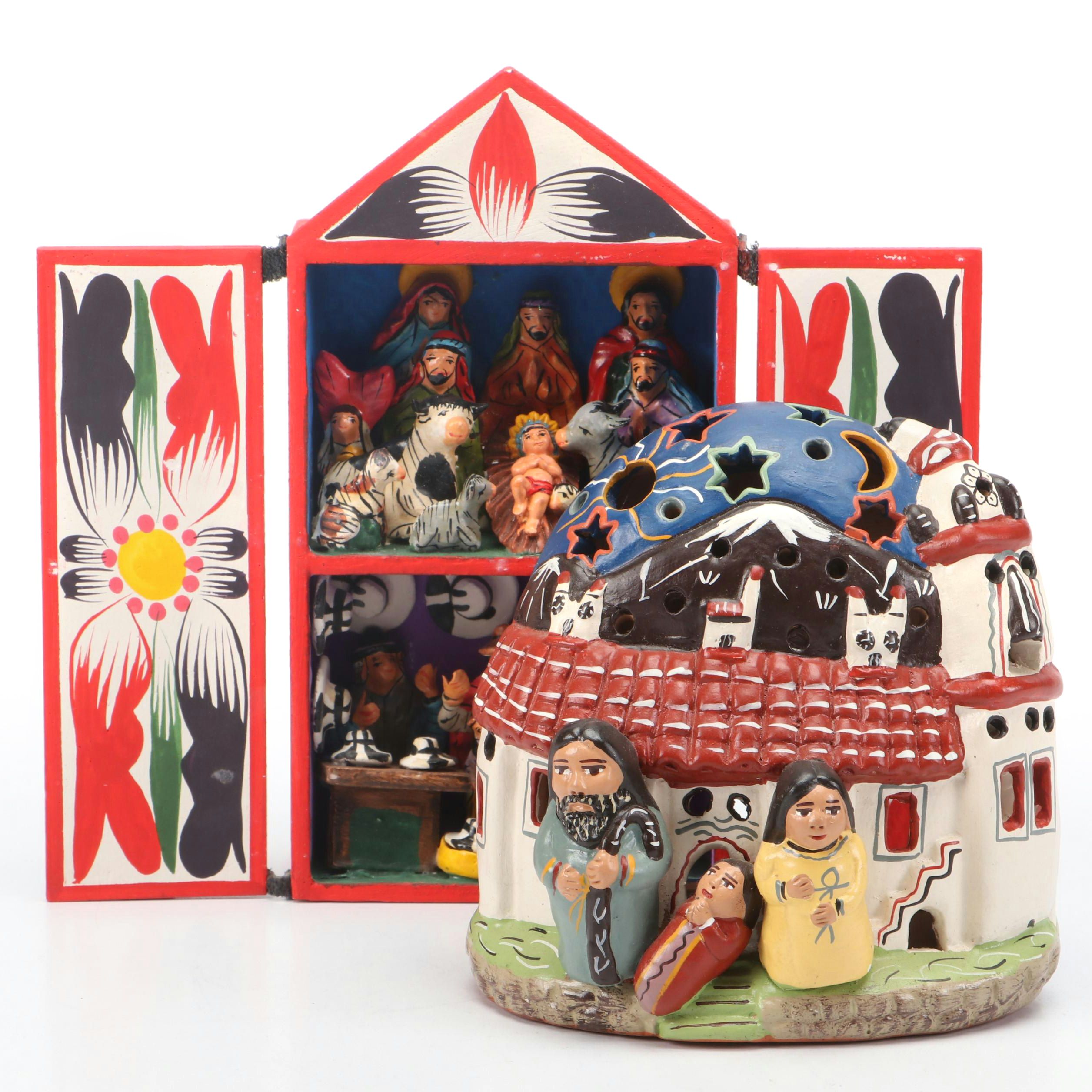 Peruvian Retablo Nativity with Ceramic Nativity Votive