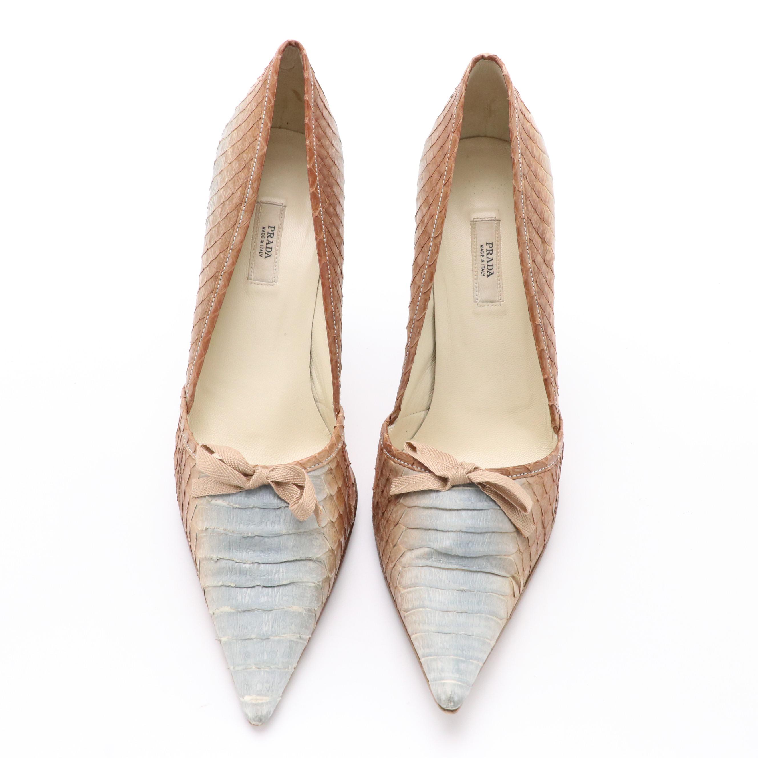 Prada Bicolor Ombré Pyton Snakeskin Pointy Toe Bow Pumps